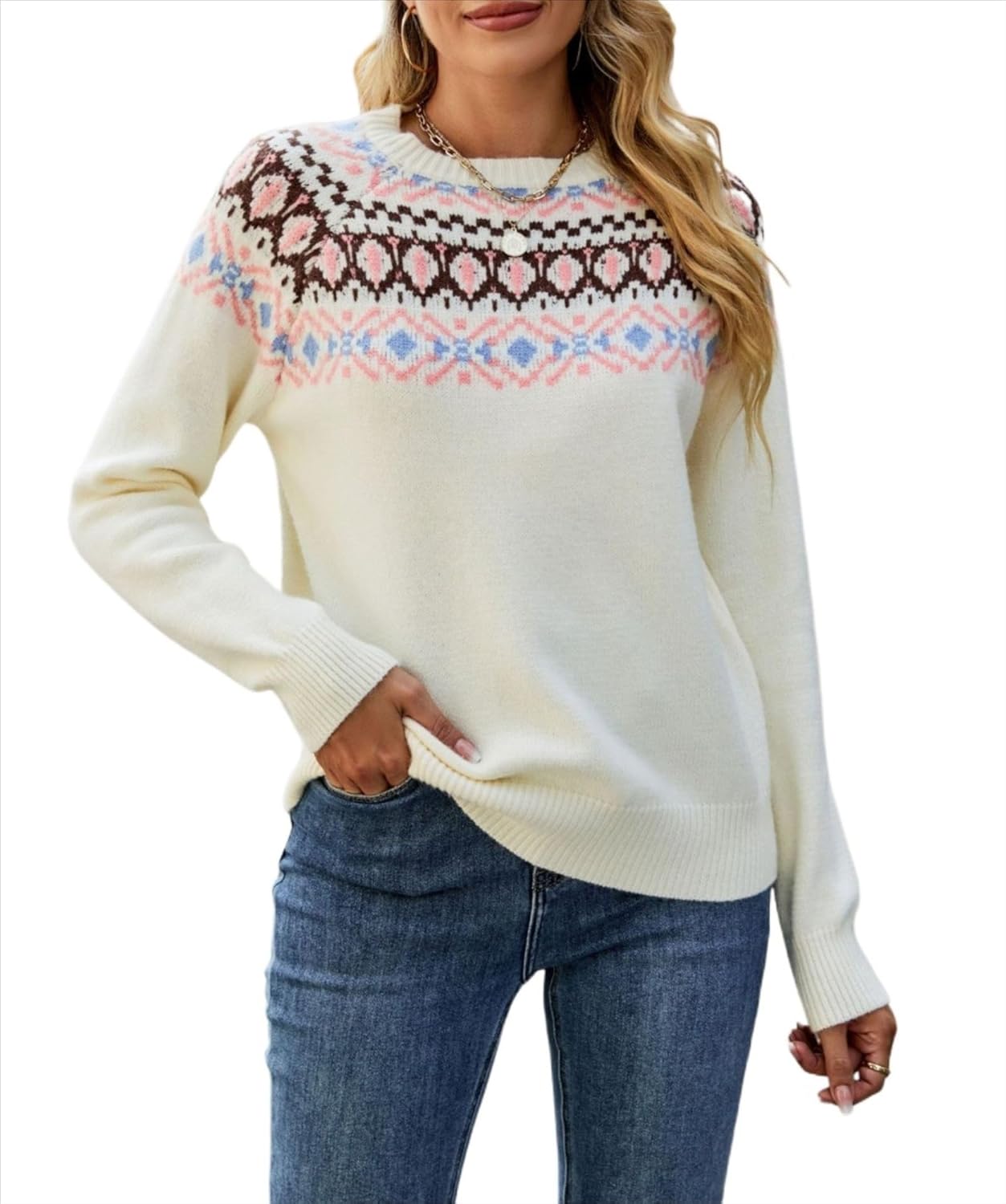 Womens Vintage Fair Isle Sweater Long Sleeve Chunky Knitted Pullover Tops Boho Argyle Western Fall Winter Clothes
