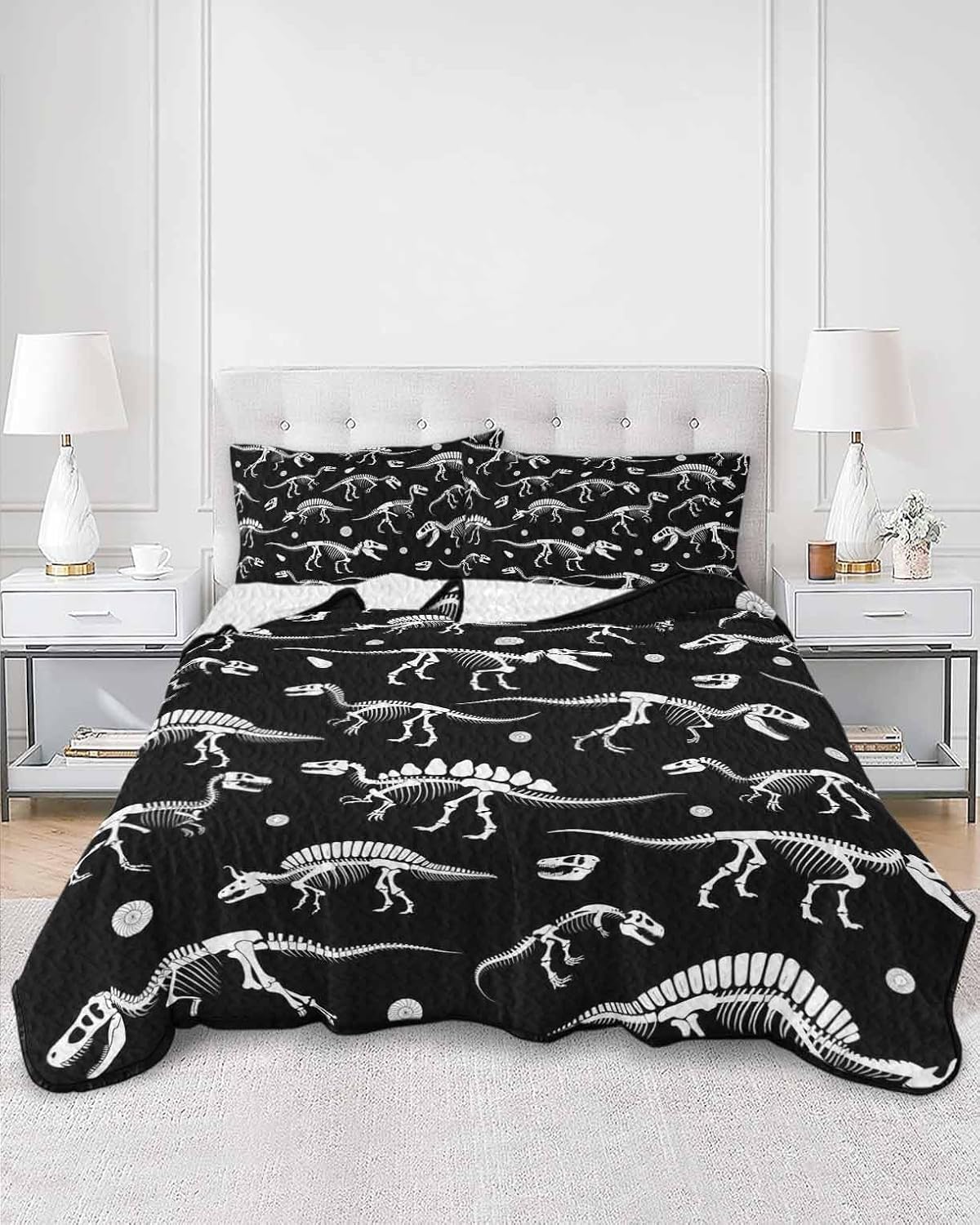 Summer Quilts Twin Size, Lightweight Quilted Coverlet Halloween Dinosaur Black Comforter Set for Bed, All Season Funny Dino Skull Boys Girls Children Soft Quilt Bedding with 2 Pillowcases 68x86 Inch