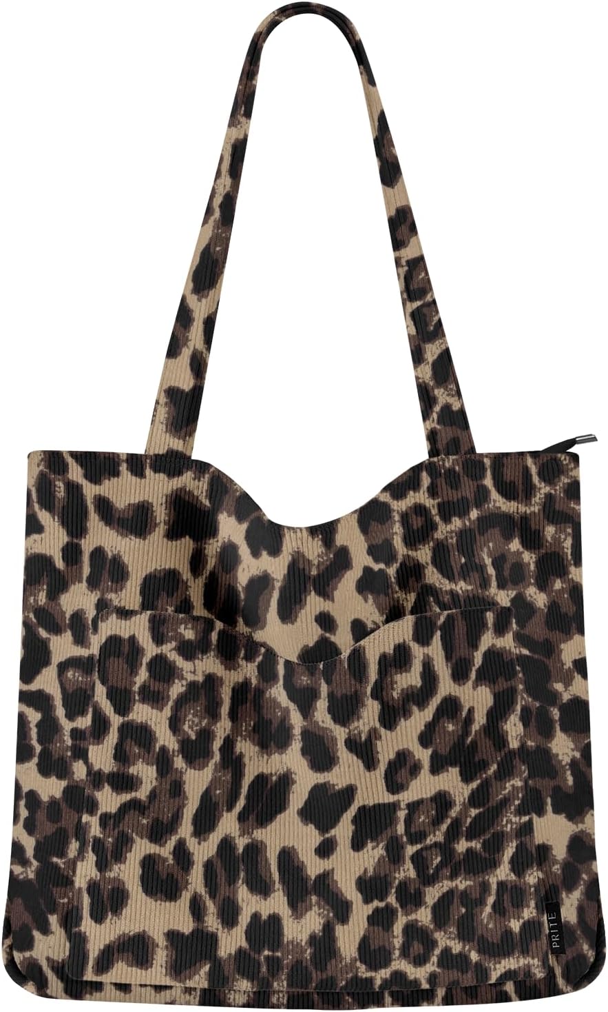 Corduroy Tote Bag for Women Large Shoulder Bag with Zipper and Pockets for College School Work Travel Shopping (Leopard Print)