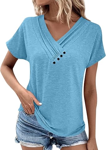 Summer Tops for Women 2026 Pleated V Neck Short Sleeve Shirts Button Down Workout Blouses Dressy Casual Tunic Tops
