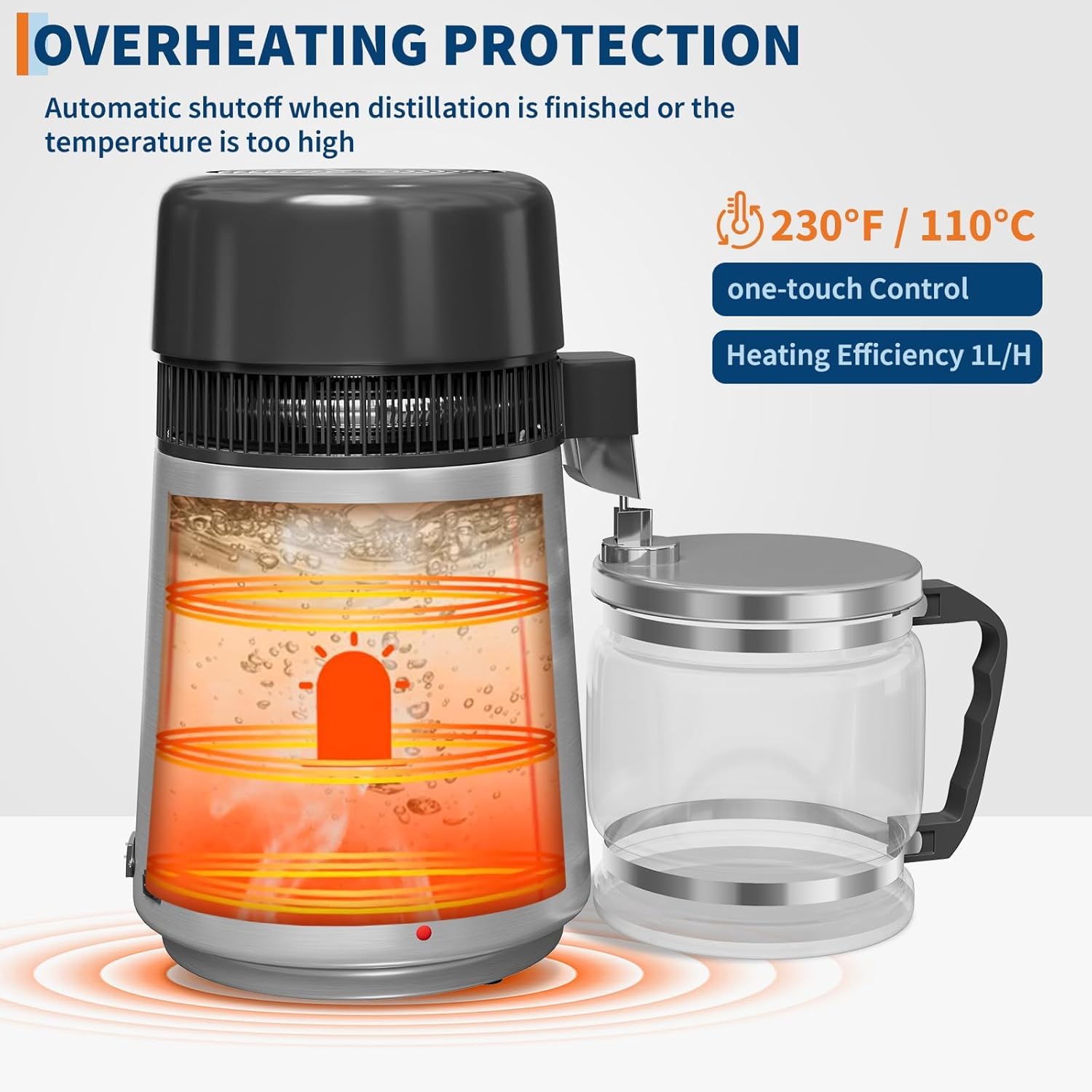 Destilador de agua 4L,1 litro por hora,750W Máquina de agua destilada con apagado automático,Eliminación de impurezas,Interior Acero 304,Purificador de agua portátil para casas,Oficina,Viajes-Plata