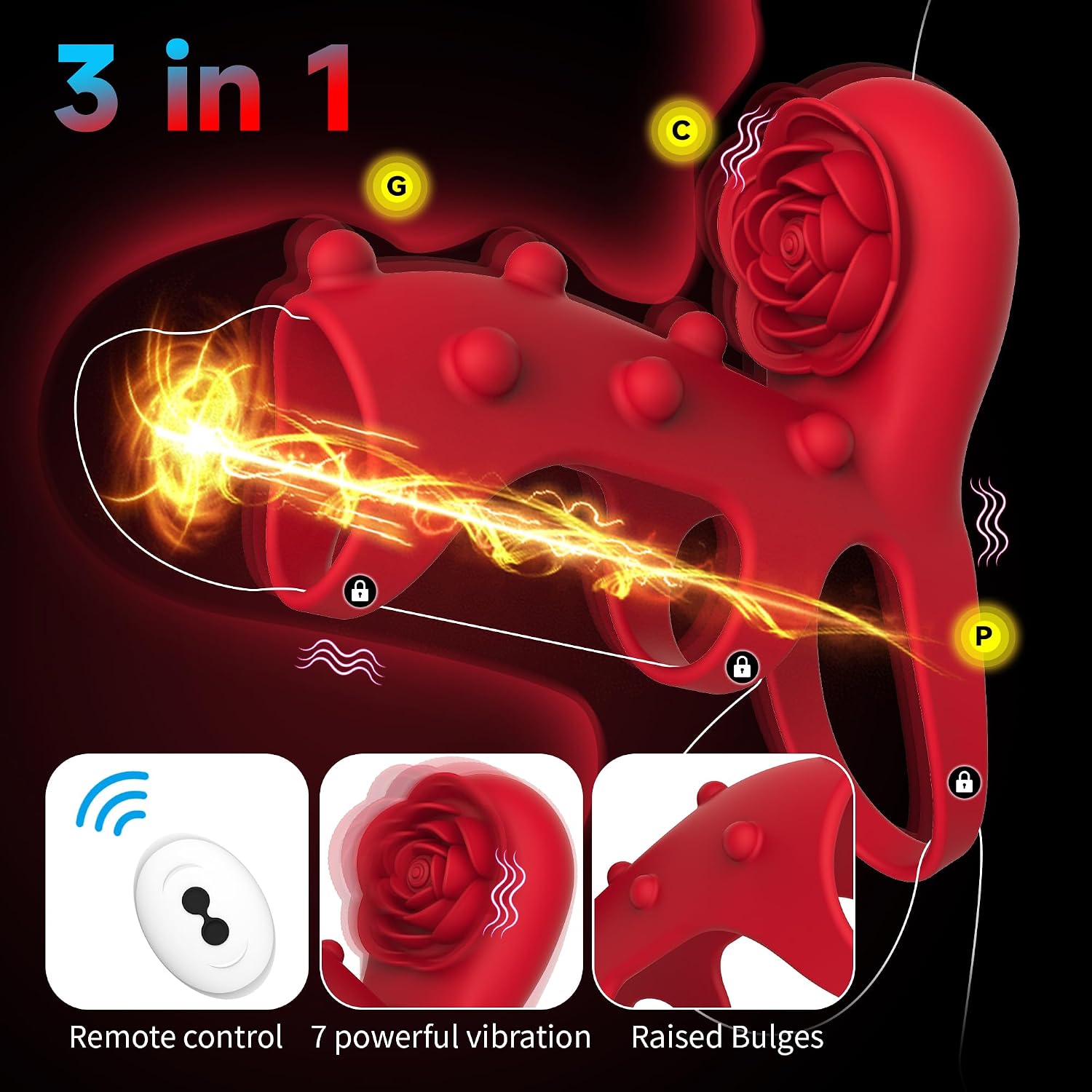 Cock Ring Rose Vibrator Sex Toys with Clit Stimulator, Silicone Penis Ring with 10 Vibration Triple-Loop, G Spot Stimulation Penis Sleeve Remote Control Vibrations for Men Enhance Erection and Couples