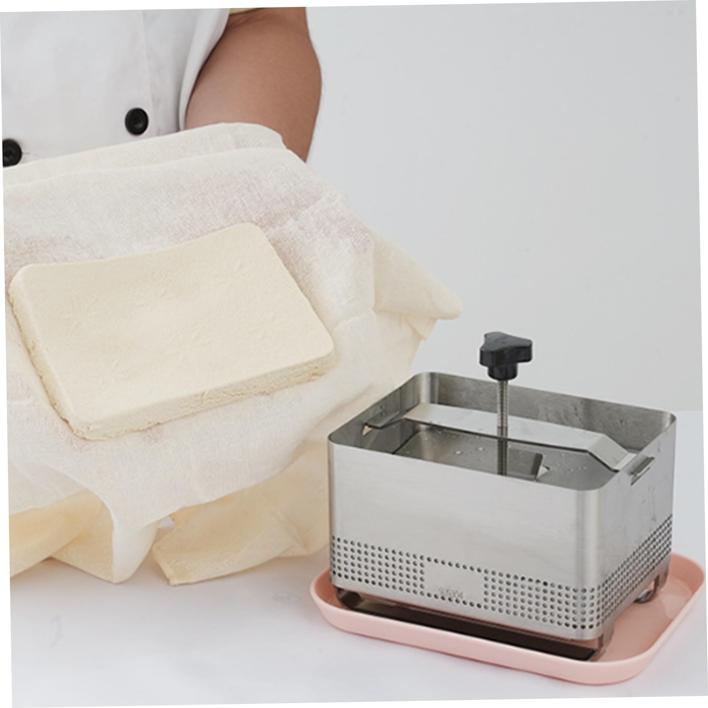 Pressa per tofu in acciaio inossidabile, macchina per paneer e pressa per formaggio - Design a pressatura rapida con spessore regolabile, include sacchetto filtro, garza e vassoio antigoccia.