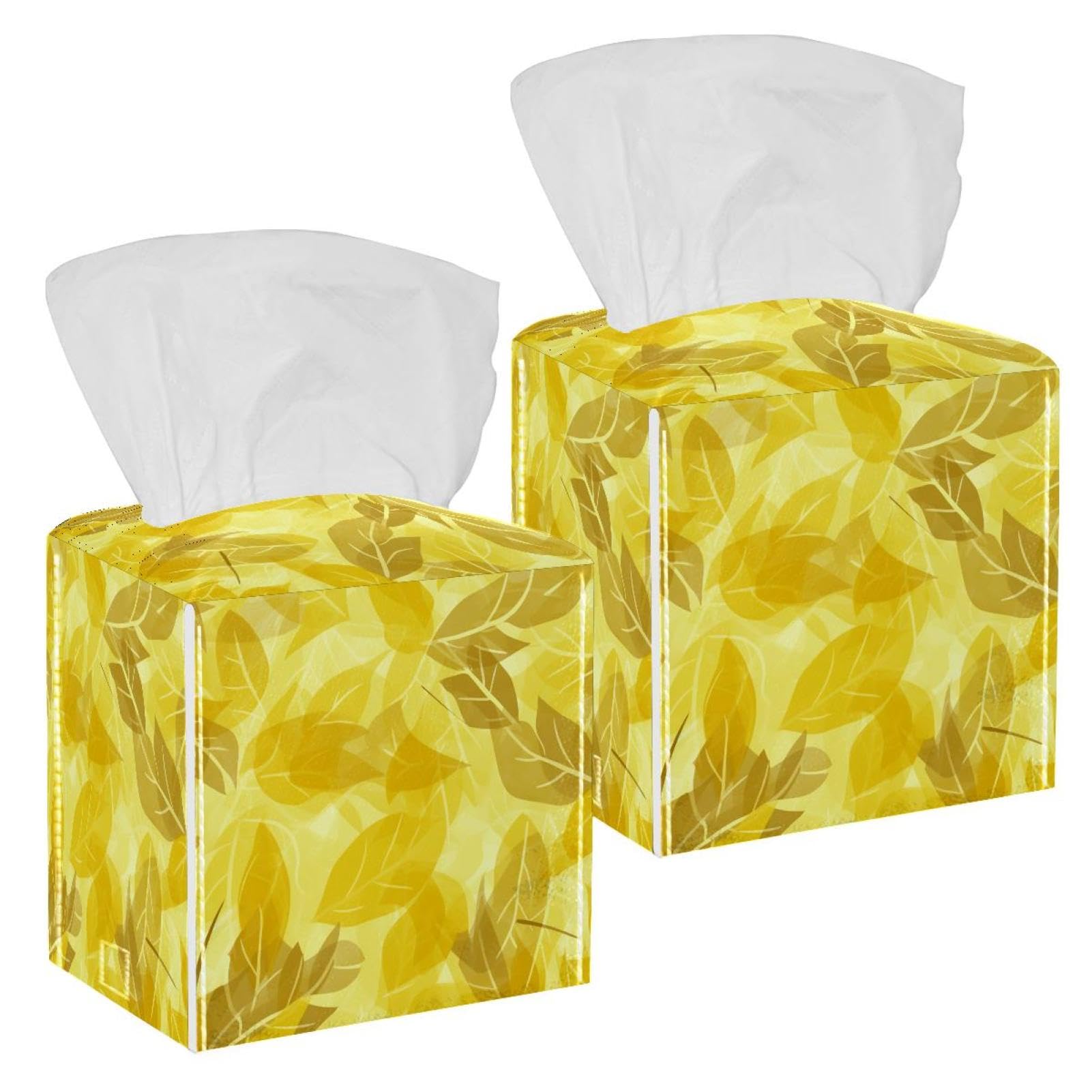Artistic Leaves Tissue Box Cover, 2 Pack PU Leather Square Facial Tissue Dispenser Box holder for Home Office Car