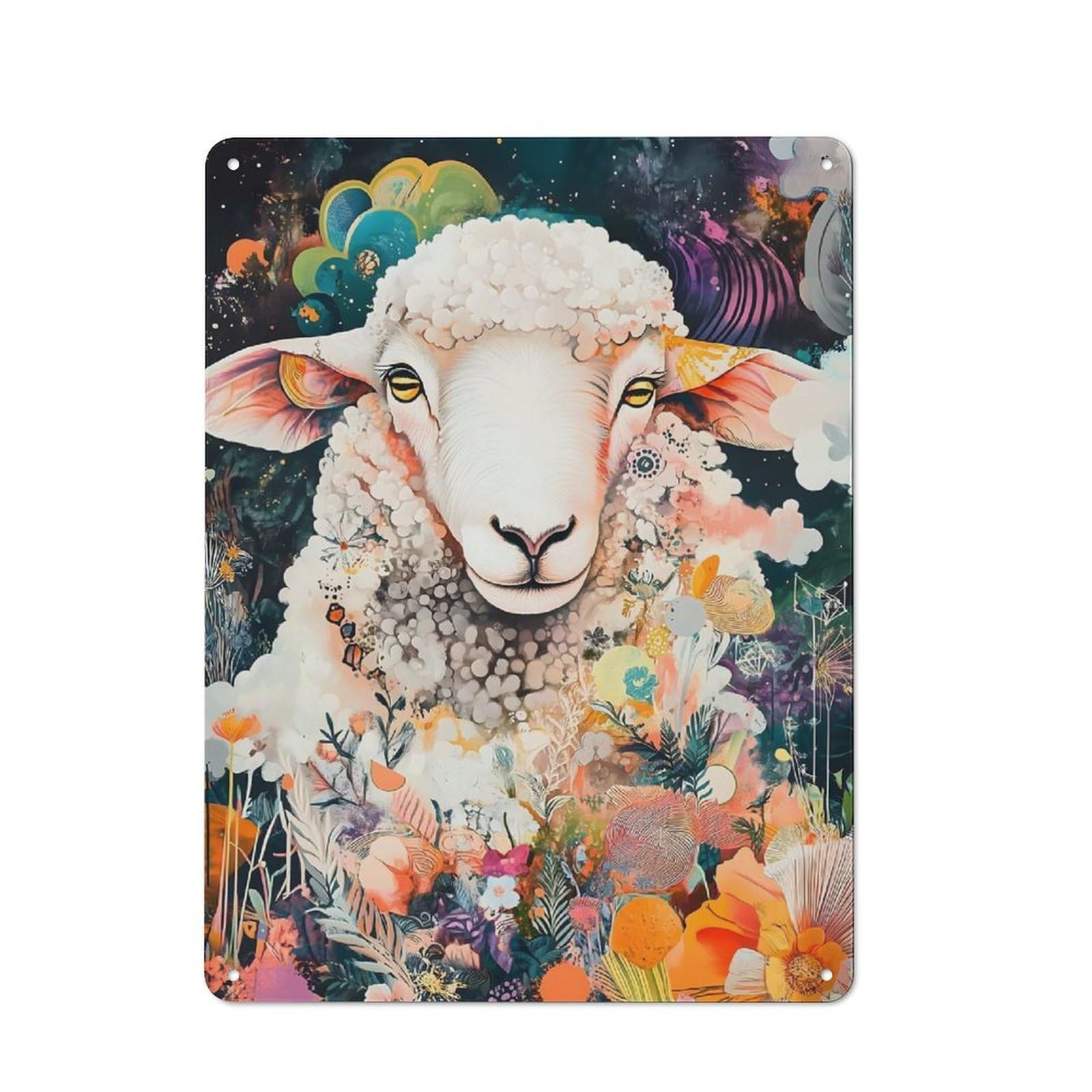 Metal Sign 40x30cm with Sacred Sheep in Bloom - Floral Field Art for Hallway Wall, Vintage Decor, for Vintage Wall Decor Fans, for Themed Room Decoration