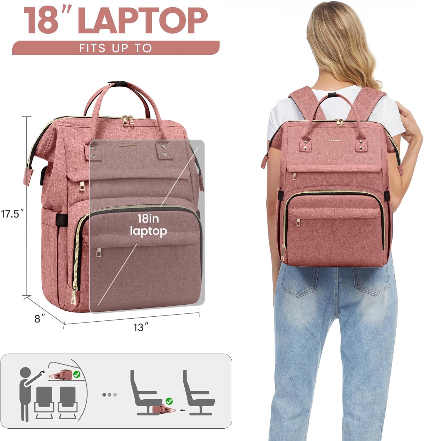 LOVEVOOK Laptop Backpack for Women,18 Inch Professional Womens Travel Backpack Purse Computer Laptop Bag Nurse Teacher Backpack,Waterproof College Work Bags Carry on Back Pack with USB Port,Light-pink - Image 6