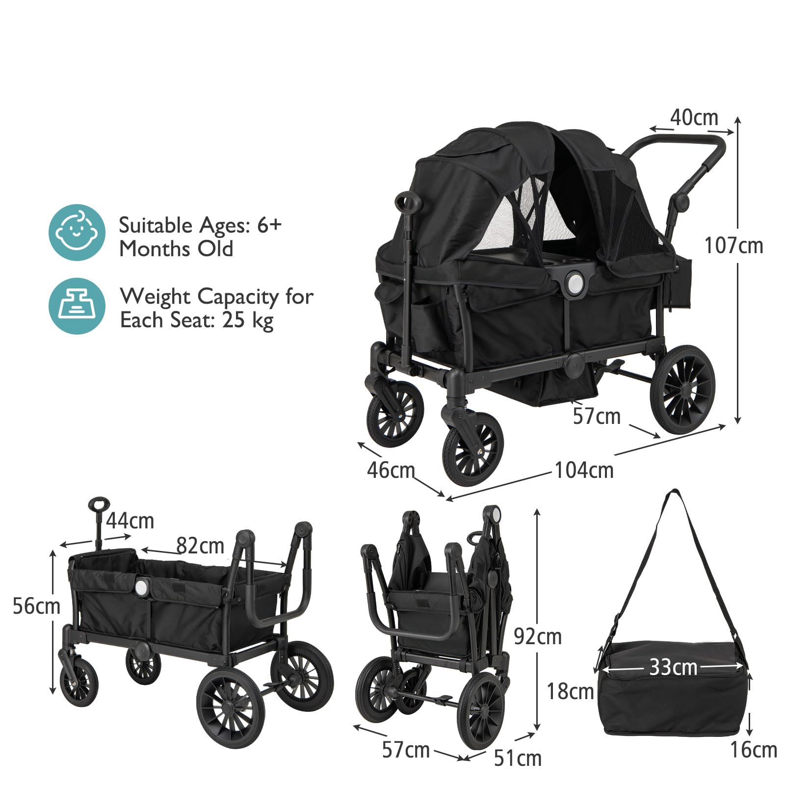 LIFEZEAL Carrito de Viaje para Niños de 6 Meses o Más, Plegable, Ajustable, Portátil, con Techo, Ruedas, Bolsa de Pañales, Máx. 50 kg