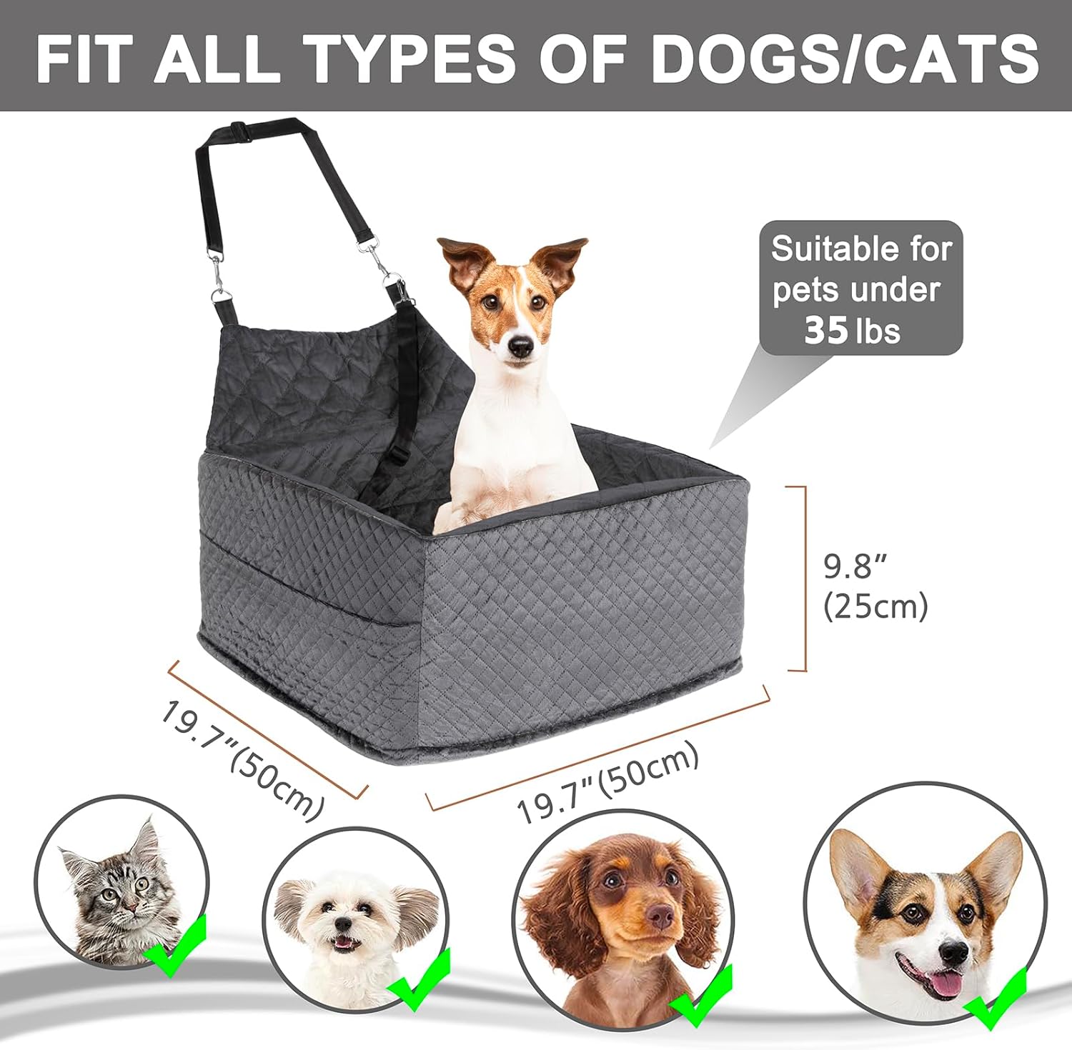 memory foam dog car seat for small/medium dogs,travel booster seat for dogs up to 35 lbs, washable removable cover & storage pockets, comfortable & safe car seat for pet travel gray