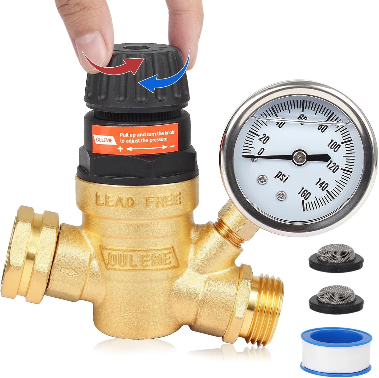 OULEME RV Water Pressure Regulator Valve with Handle Adjustable, Silicone Oil Gauge, Double Filters, Brass Lead-Free and 3/4" Connector for Camper Travel Trailer Water Pressure Control