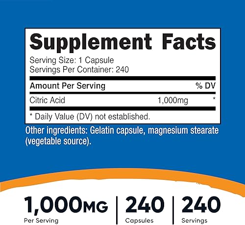 Miniatura 2 de Nutricost Ácido cítrico 1000 mg (0.04oz), 240 cápsulas - Sin gluten, sin OMG