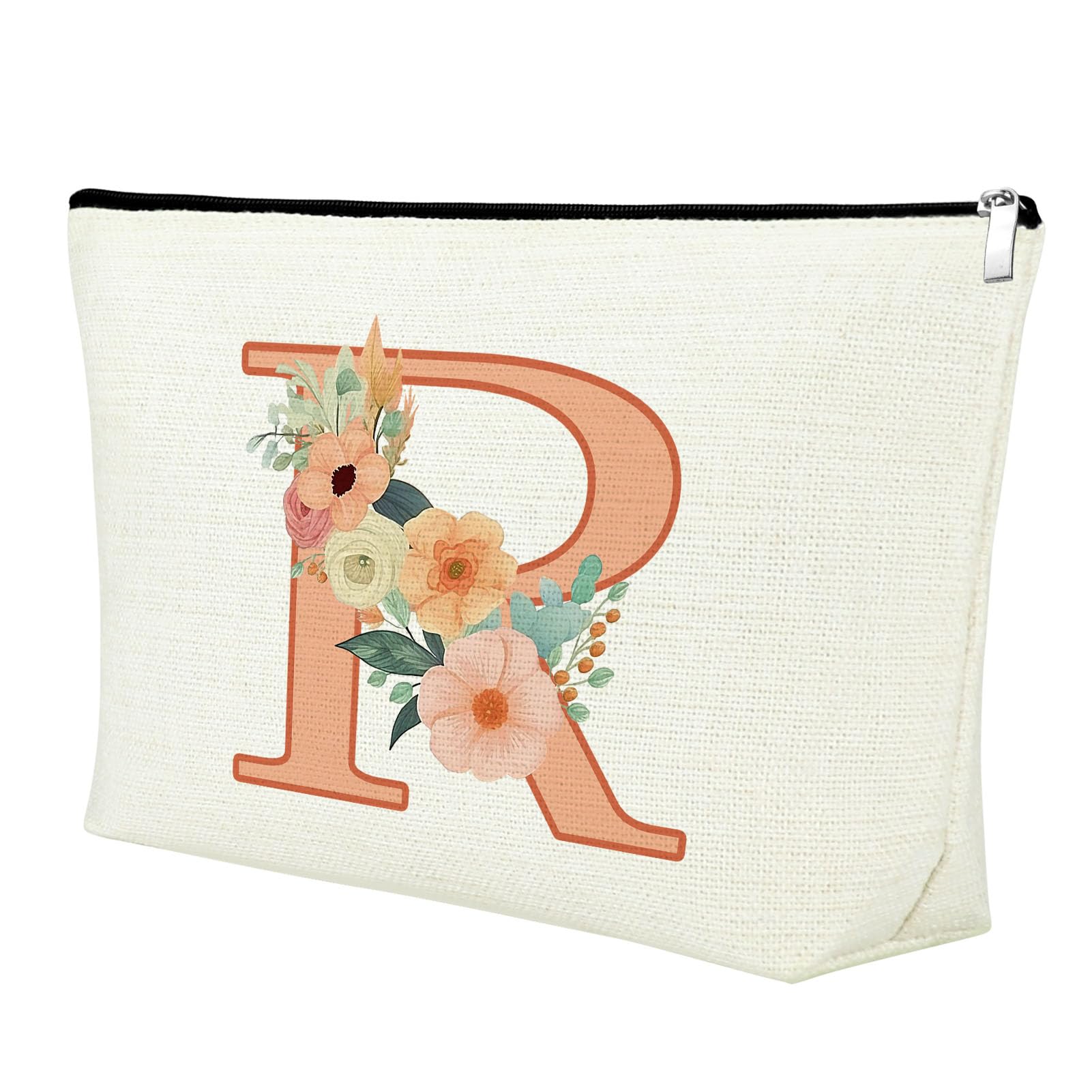 Alphabet Makeup Bag Initial Monogram Personalized Gifts Capital Letter R With Flowers Cosmetic Bag for Wedding Graduation Retirement Gifts for Bride Teacher Friend Bridesmaids Travel Pouch With Zipper