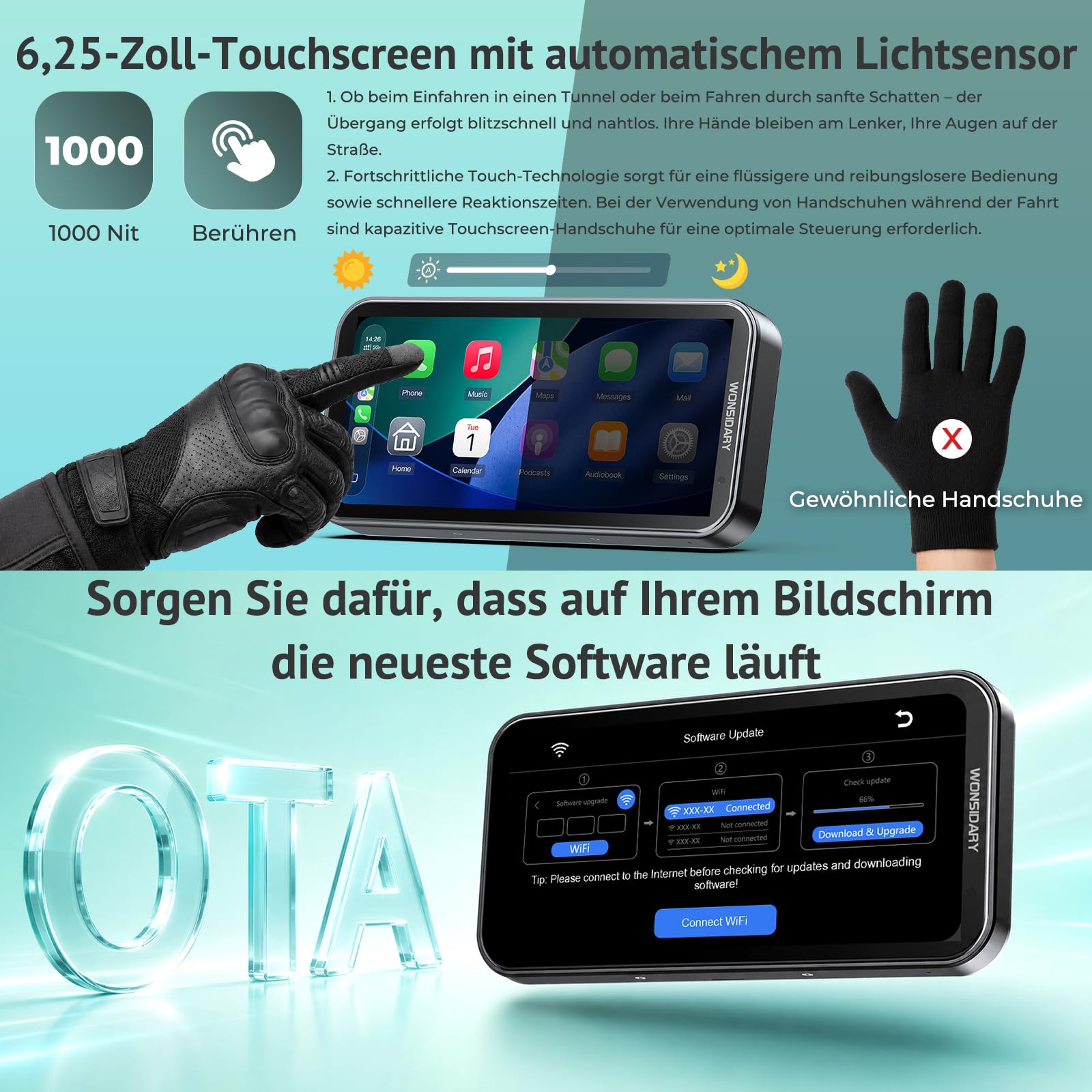 Motorrad CarPlay Display mit TPMS, Android Auto & Wasserdicht | 6,25 Zoll Motorrad Navi mit Lichtsensor, Dual-Bluetooth, OTA Updates, USB und ACC Anschluss für Motorradtouren