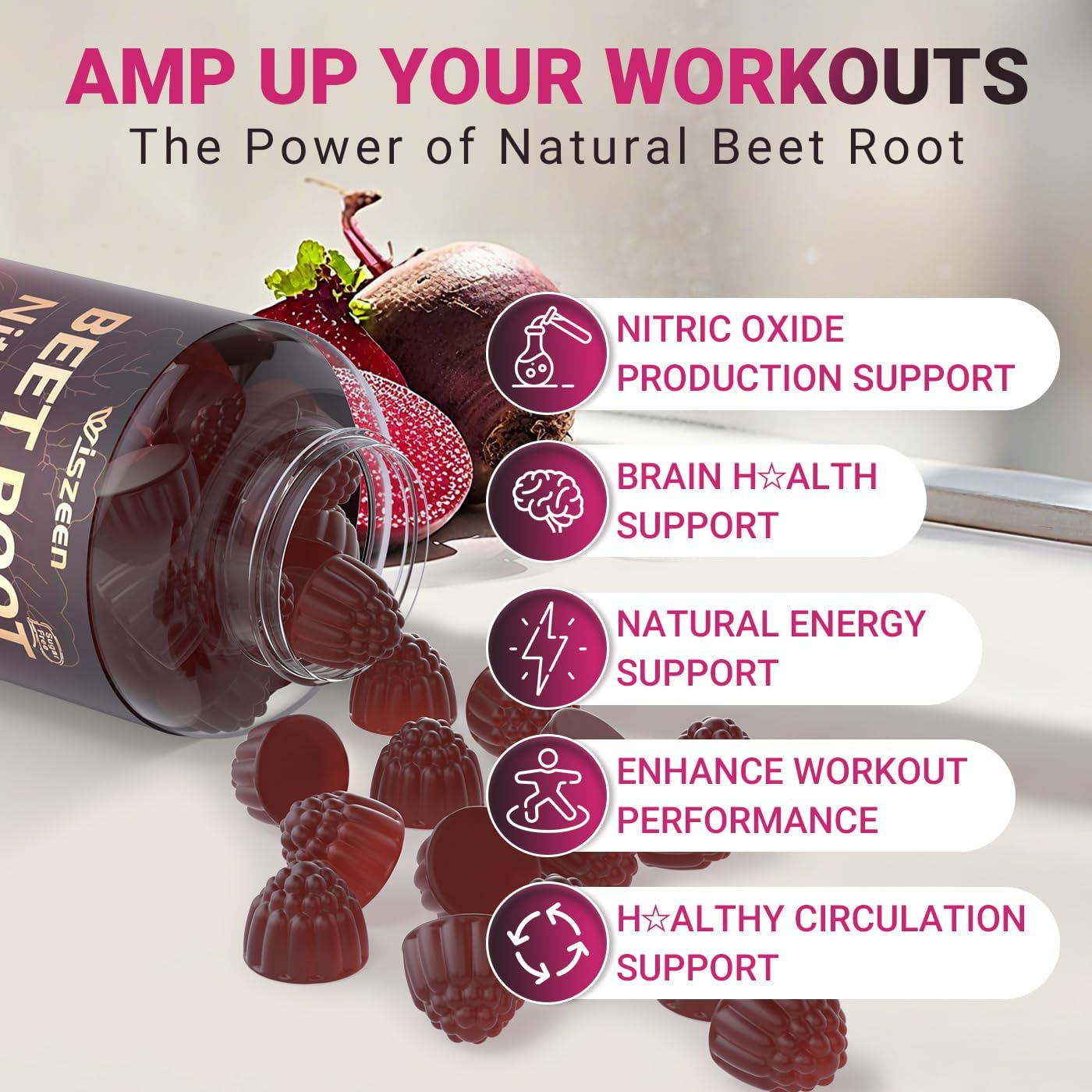 Beet Root Gummies, Nitric Oxide Supplements for Men & Women with COQ10, Turmeric Extract, Vitamin C & B12, Vegan, Non-GMO, Sugar Free, 120 Cts - Image 6