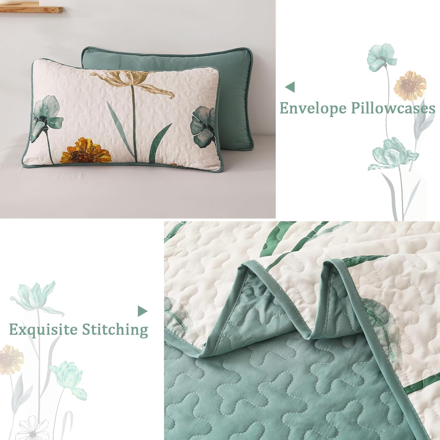 WONGS BEDDING Floral Quilt Set Queen,Green Yellow Floral Botanical Bedspread Bedding Set with 2 Pillowcase,Lightweight Spring Farmhouse Coverlet Set for All Season (96"x90") - Image 5