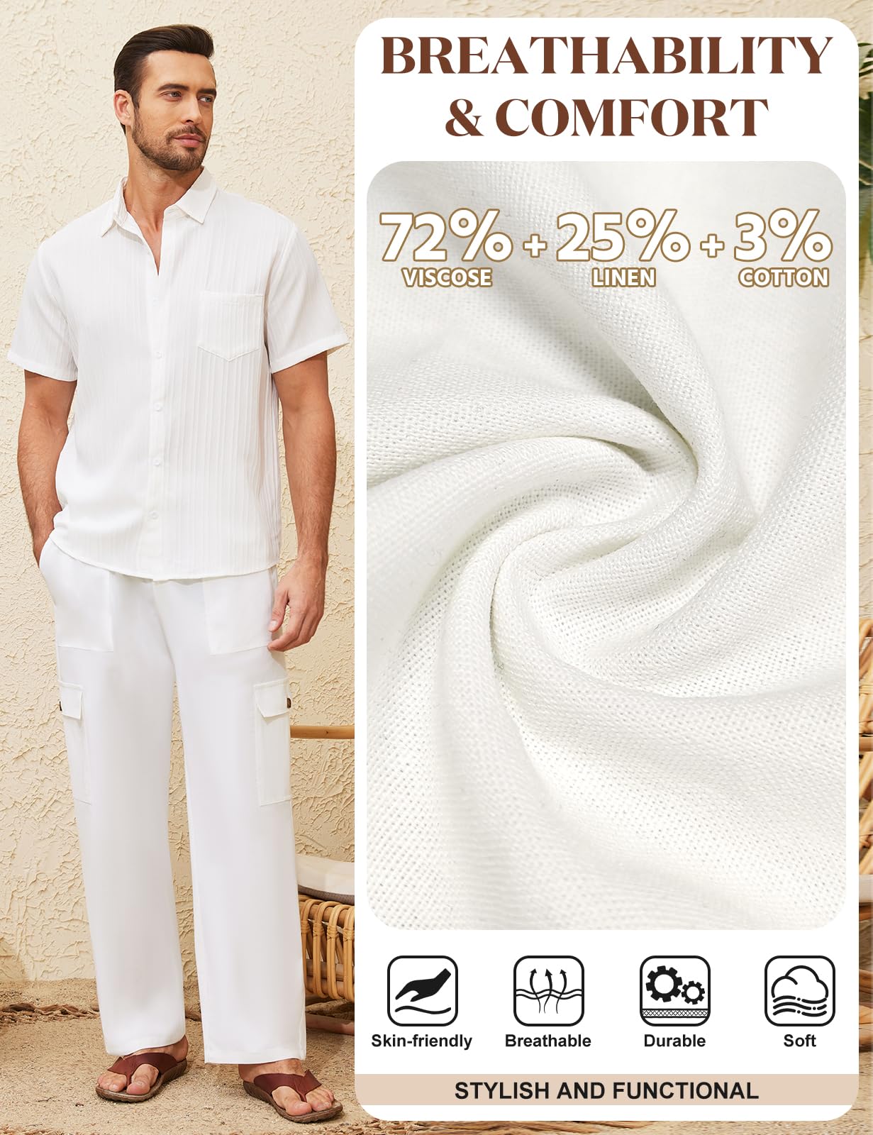 Voqeen Pantaloni Lino Uomo Estivi Pantalaccio Uomo Estivo Casual Pantaloni Elasticizzati in Vita con Tasche Cargo Pantalone di Lino Leggeri da Spiaggia Larghi