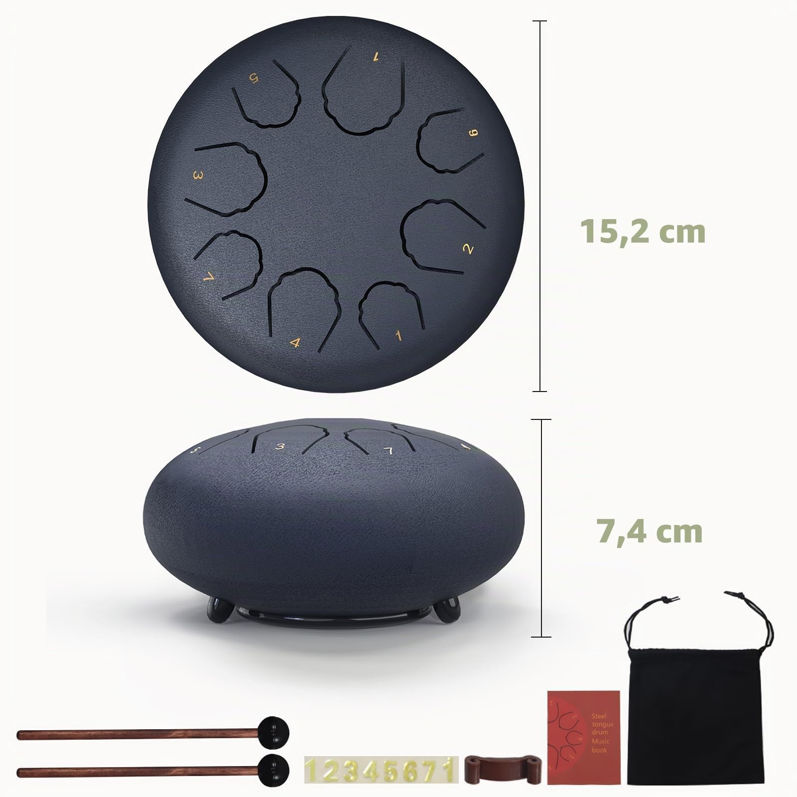 Tambour de pluie pour extérieur, 15,2 cm, 8 tons en acier, Handpan, Steel tongue drum, Convient aux débutants, Comprend une housse de transport, des partitions et des baguettes (Bleu marine, 6 Inch)