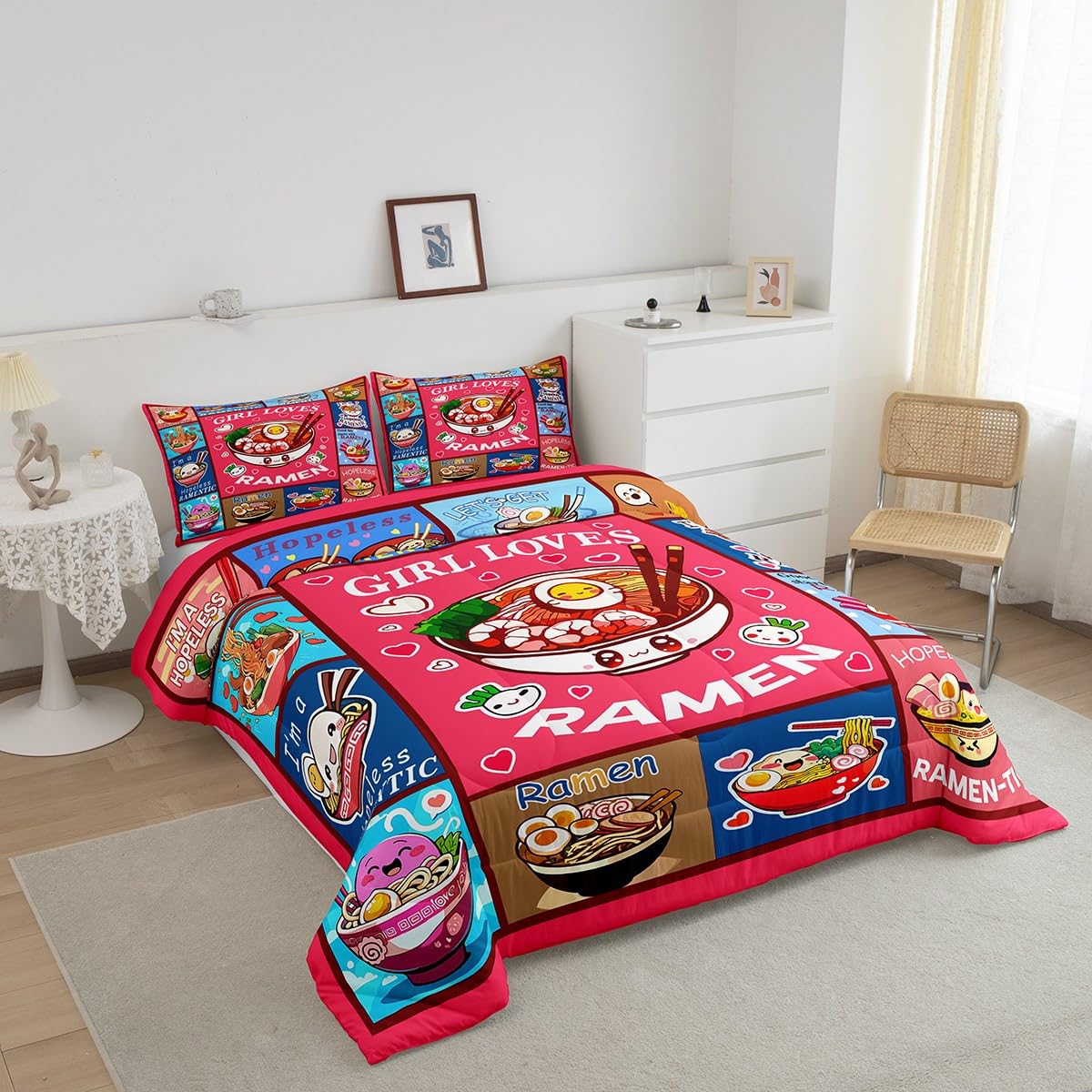 Loussiesd Ramen Bettdecke 135x200cm Kinder Jungen Mädchen Ramen Suppe Steppbett Ultra weiches Geschenk für Mädchen liebt Nudeln 4-Jahreszeiten Bettdecke Mädchen liebt Ramen Steppdecke Zimmer Dekor