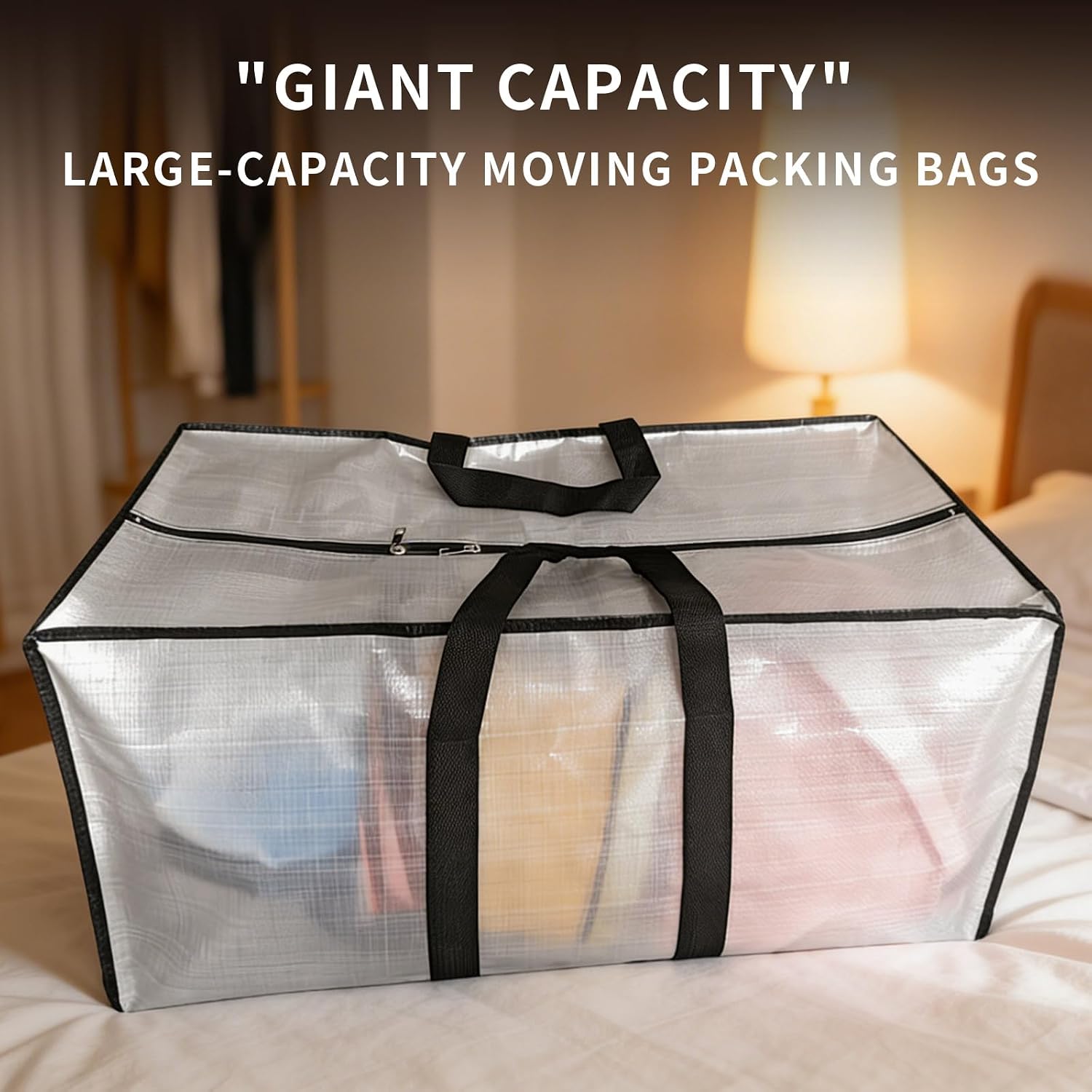 8 Pack Extra Large Heavy Duty Moving Bags, Clear Storage Bins with Lids | Reinforced Handles & Heavy-Duty Zippers Moving Boxes Storage Bags Totes for Clothes Packing, Dorms, College Supplies, Clear