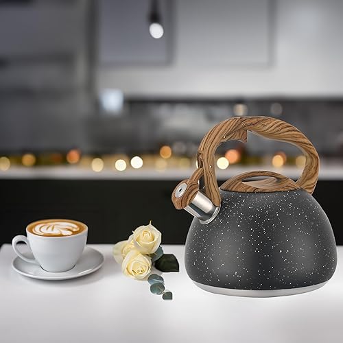Miniatura 4 de Tetera silbante para estufa, acero inoxidable de grado alimenticio, teteras negras para estufa con mango anticalor y botón de apertura y cierre de
