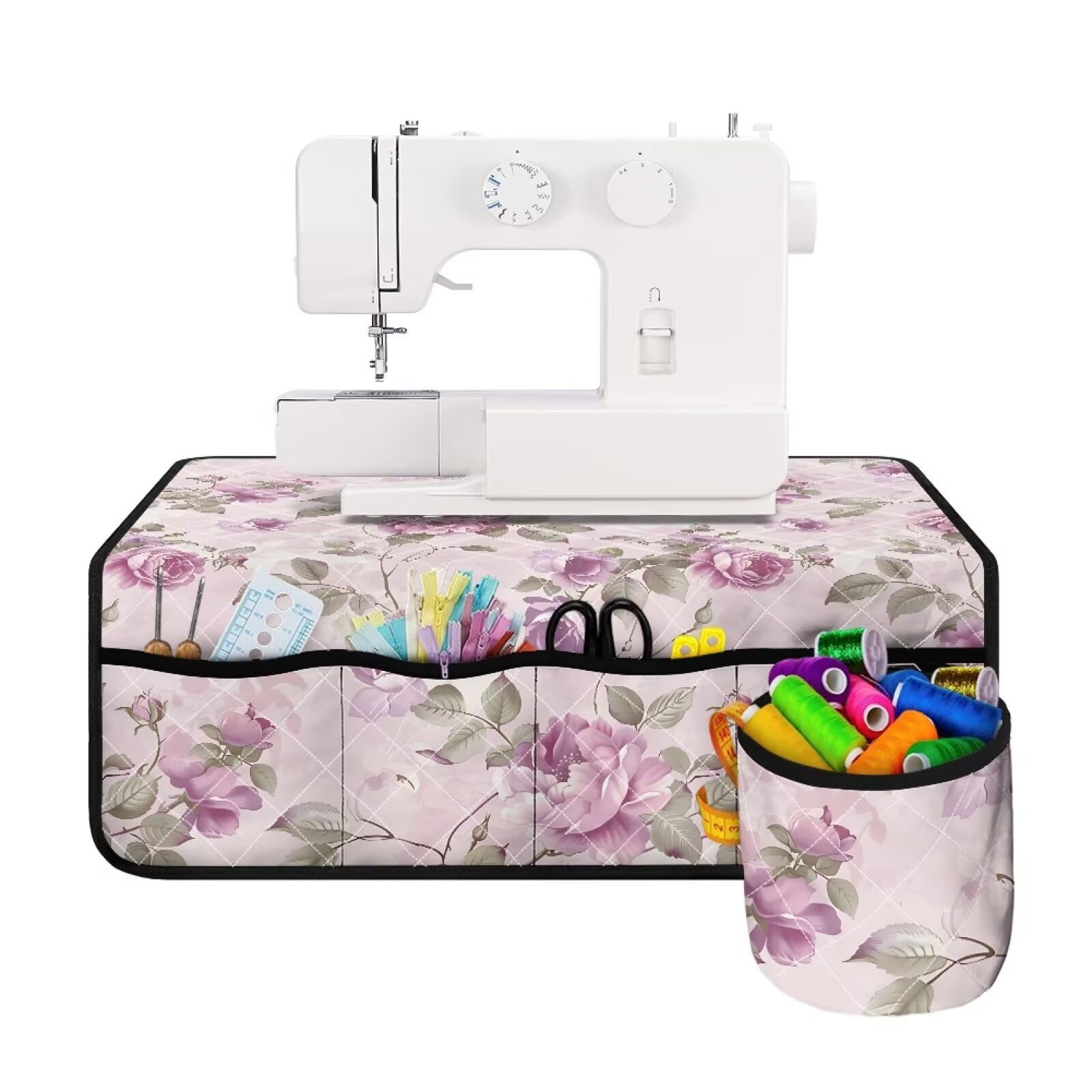 Sewing Machine Carrying Case, Sewing Machines Pad for Table with 4 Pockets Scratches-Proof Muffling Mat - Flowers Print