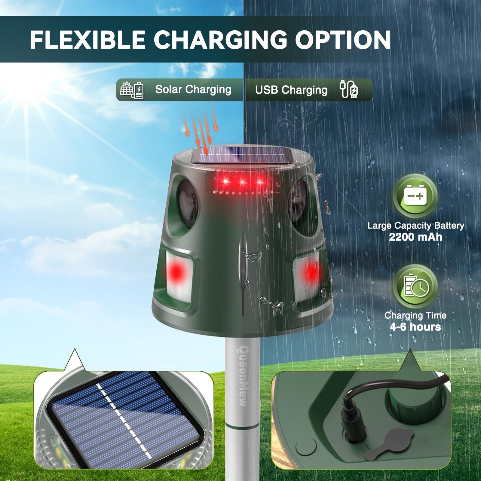 Répulsif solaire à ultrasons pour chat - Étanche - 5 modes réglables - Charge solaire - Répulsif à 360° - Efficace pour chats, chiens, oiseaux, souris