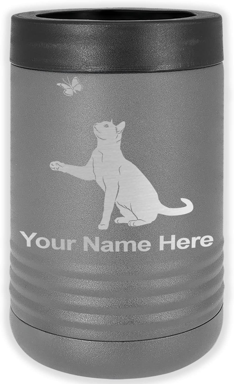 LaserGram Personalized 12 oz. Stainless Steel Can & Bottle Insulator, Cat with Butterfly – Keeps Drinks Cold Longer (Gray)