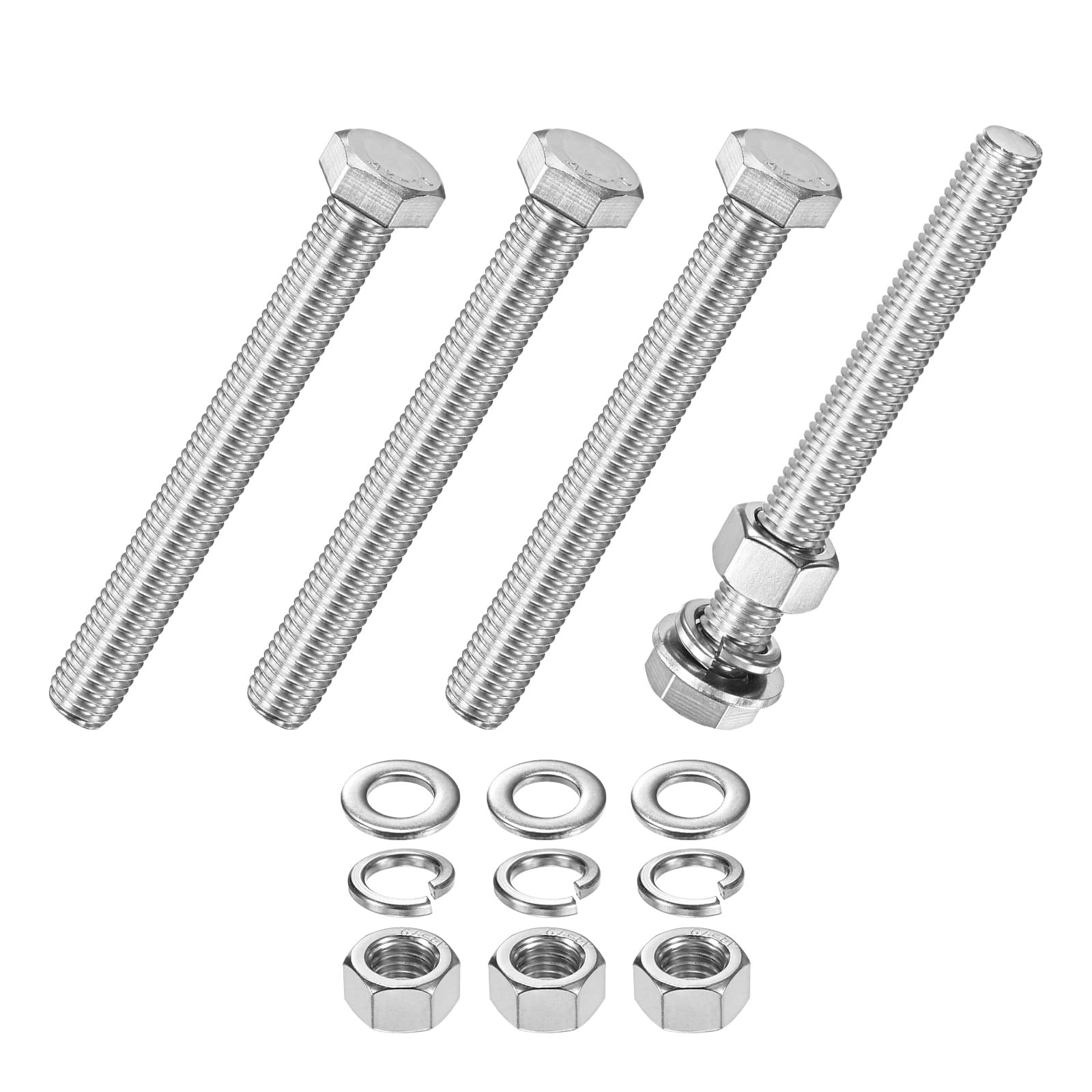 M METERXITY 4-Pack Hex Head Screw Bolt with Nuts Flat & Lock Washers M12x100mm Stainless Steel Bolts and Nuts Kit Fully Threaded Metric Bolt Assortment for Equipment/Machinery