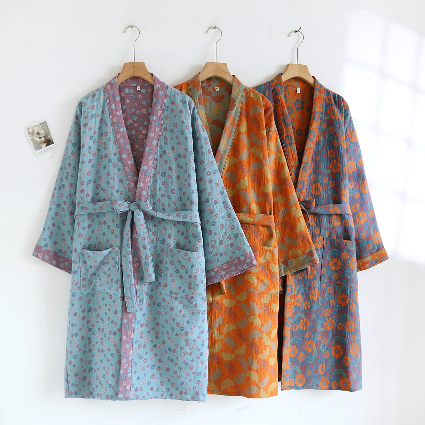 PRINCESS BRIDE Yarn-dyed Cotton Jacquard Elegant Kimono Robe Traditional Loose Yukata Bathrobe Mid-Length Loungewear for Women 165/88A/L(Lake Blue) - Image 8