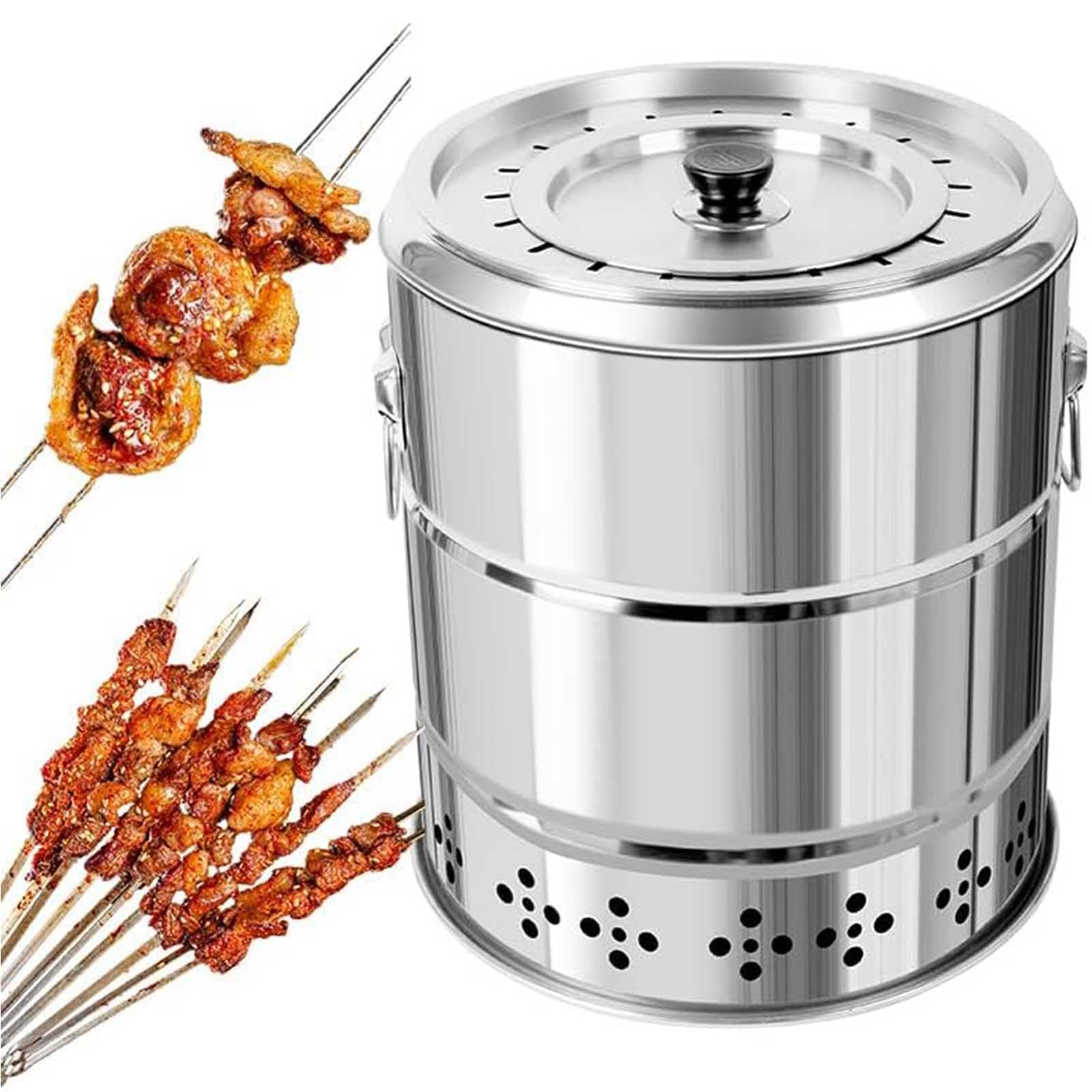 Grill na węgiel drzewny ze stali nierdzewnej z 28 akcesoriami, bezdymna przenośna konstrukcja beczki, duża pojemność, 360°, do gotowania na świeżym powietrzu