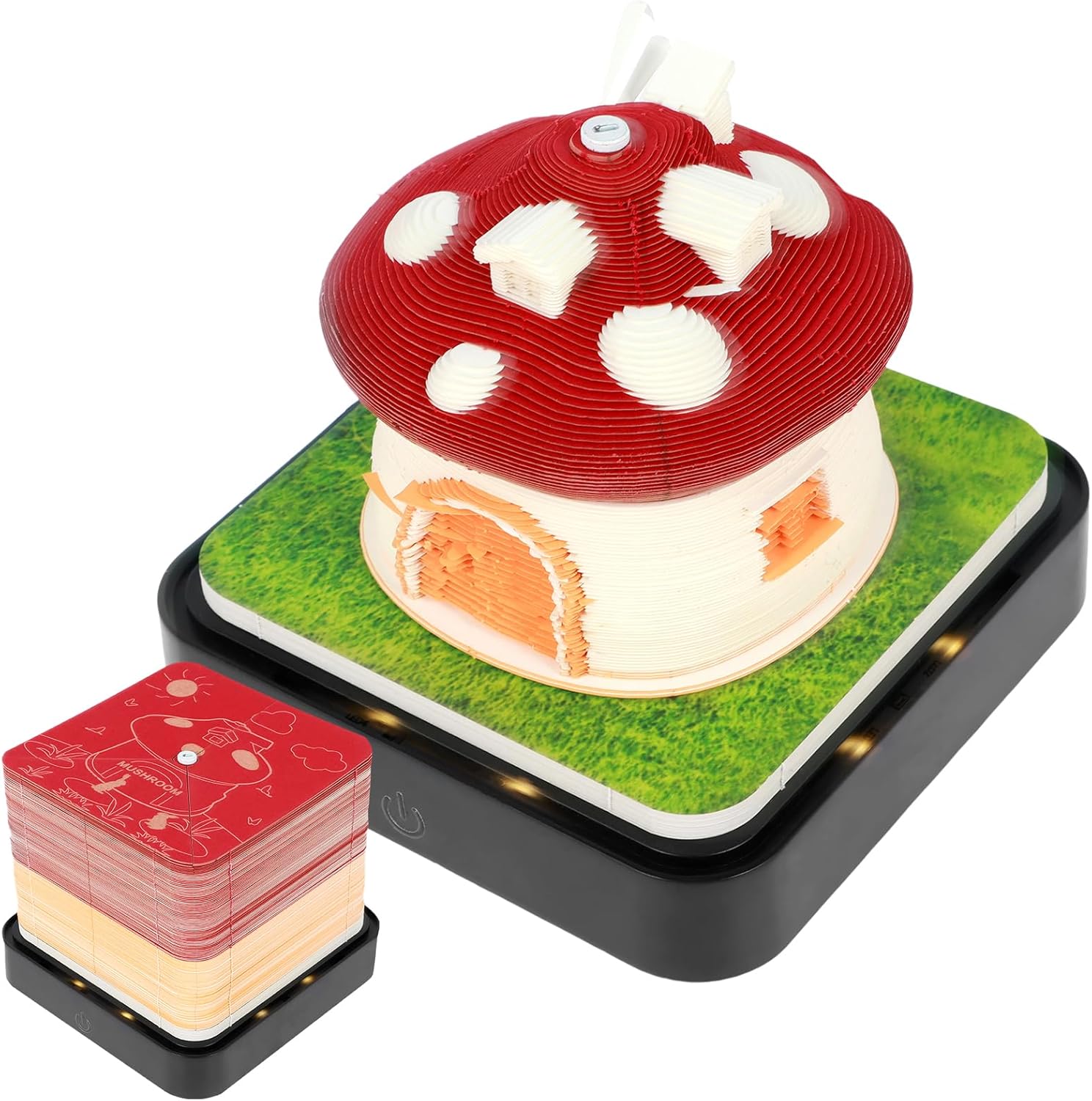 3D Desk Calendar 2025, Time Piece Calendar, Tear-Away 3D Paper Art Notepad w LED Lights, Creative 3D Memo Artsy Pad Calendar 3D Art Calendar Paper Carving Present Desktop Decor House Sculpture Present (Red Mushroom House)