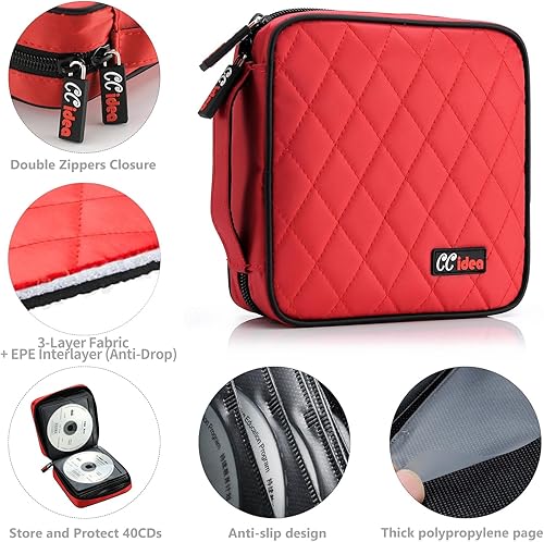 Miniatura 4 de CCidea 40 Capacity CD/DVD Case Holder Portable Disc Wallet Storage Binder Nylon Cd Bag (Red) Specials