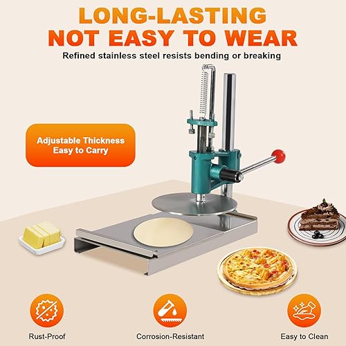 Miniatura 6 de Máquina de prensa de masa de pizza, máquina de prensa manual de pastelería de 9.5 pulgadas, máquina de acero inoxidable para masa de pizza doméstica
