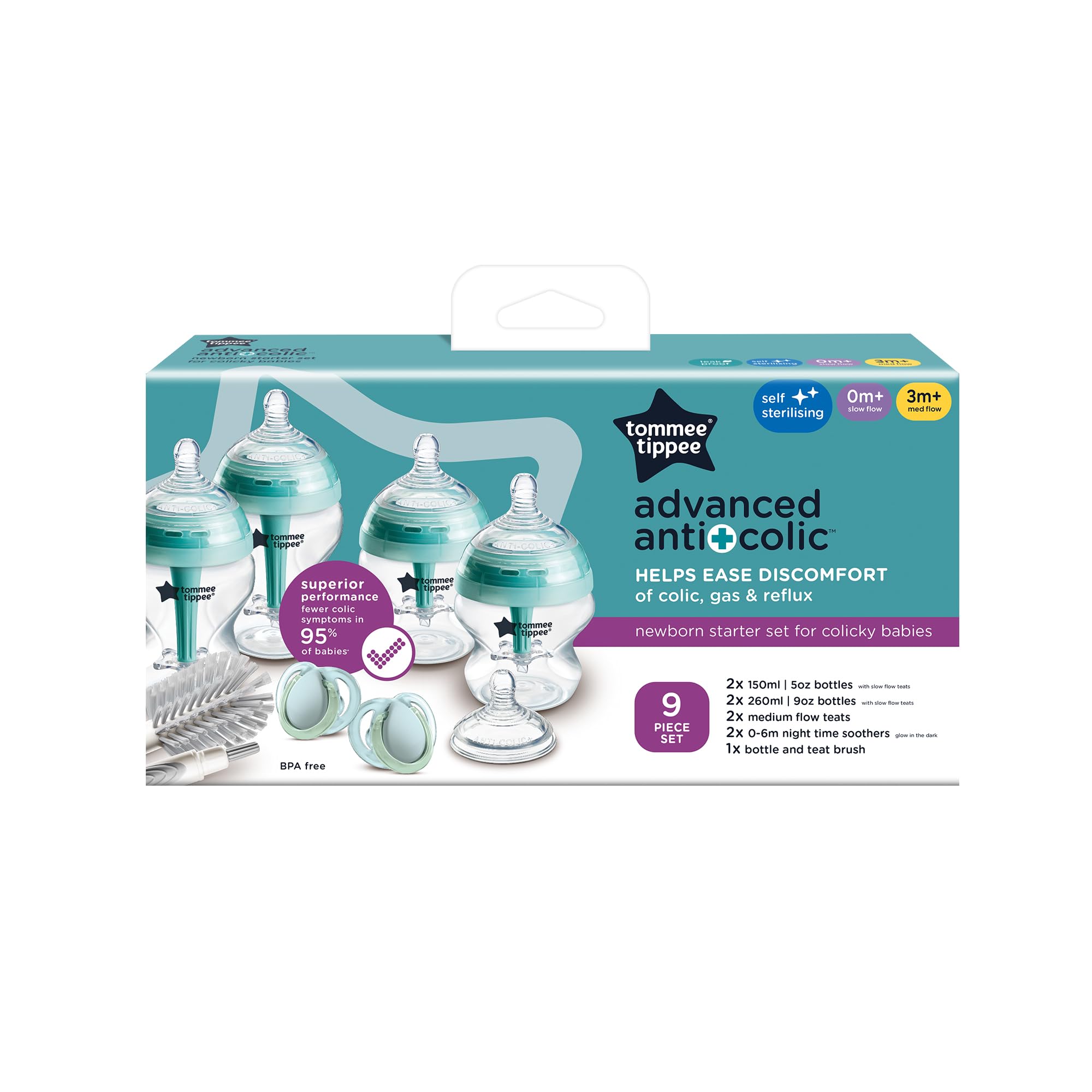 Tommee Tippee Kit de démarrage avancé anti-coliques pour nouveau-né, tétines à débit lent et système de ventilation anti-colique unique, tailles mixtes
