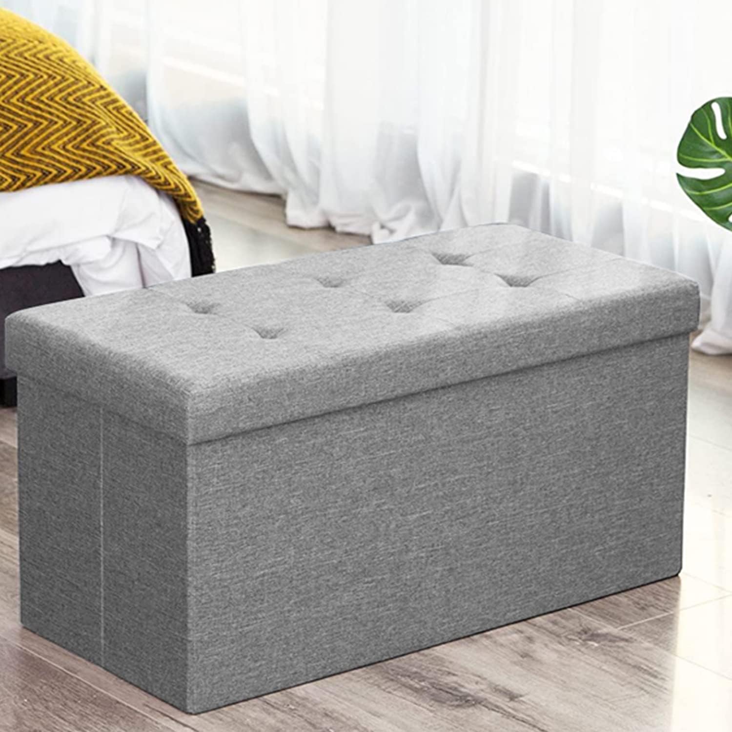 OUNUO Folding Storage Ottoman Box, Fine Linen Fabric Padded Foldable