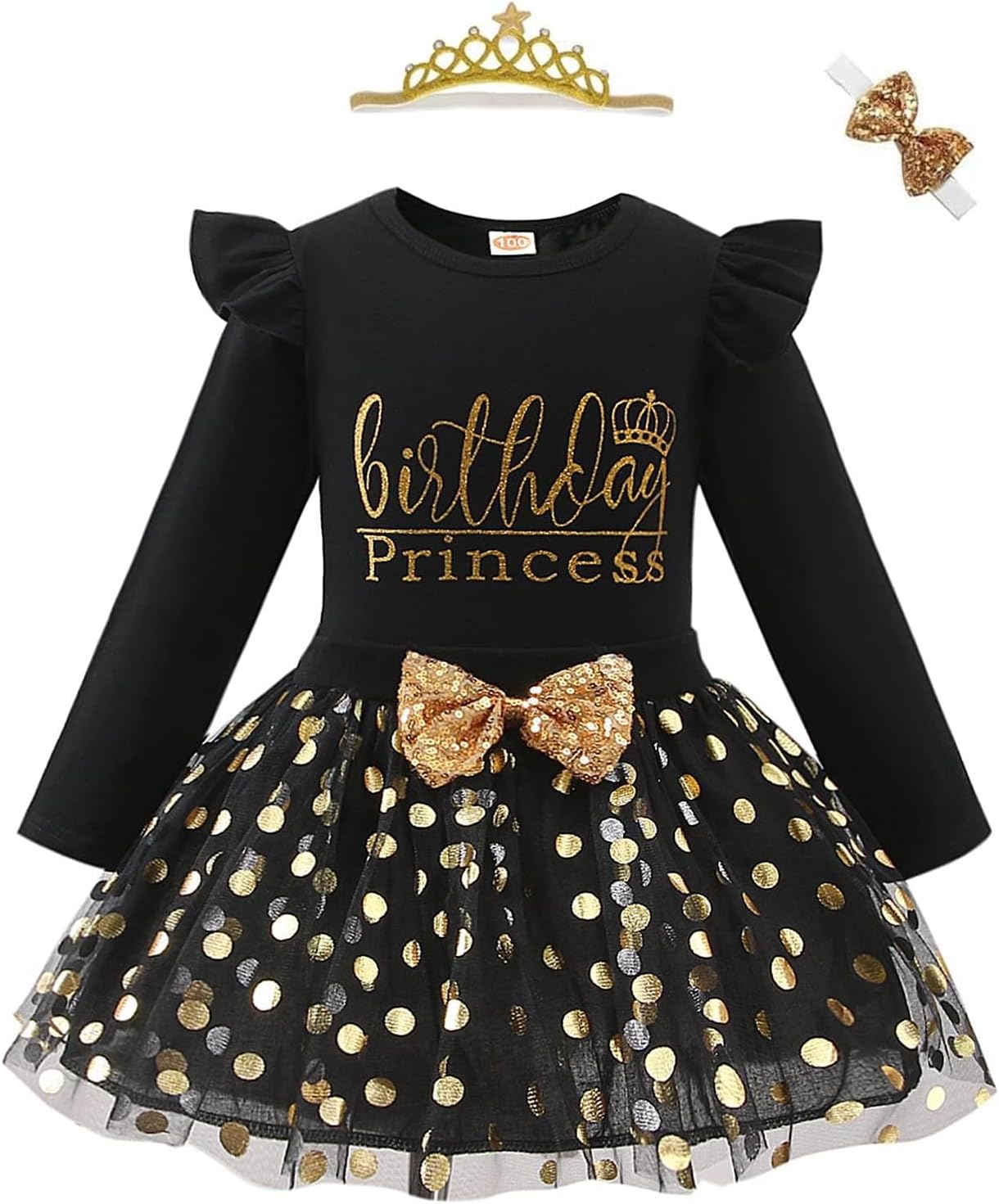 Toddler Kids Baby Girls Birthday Princess Outfits Dress Vest Long Sleeve Shirts Tank Top Dot Mesh Tutu Skirt 4PCS Autumn/Winter Skirt Set