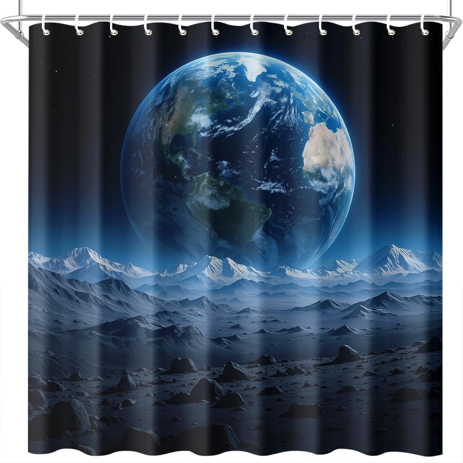 Earth View Shower Curtain 72x72 Inch with Hooks Outer Space Planet Scene Fabric Bathroom Decor with Distant Earth and Alien Terrain for Astronomy Sci Fi Lovers Cosmic Bathtub