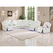 Sectional Reclining Sofa Sets, Breathing Leather Sectional Sofa Set,Living Room Furniture Sets Creamy White Recliner Couch with Storage Console/Cup Holder/LED Light