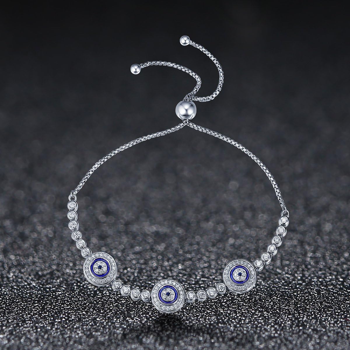 BISAER 925 Sterling Silver Blue Evil Eye Bracelet with Cubic Zirconia Hamsa Adjustable Chain Bracelets for Women - Image 3