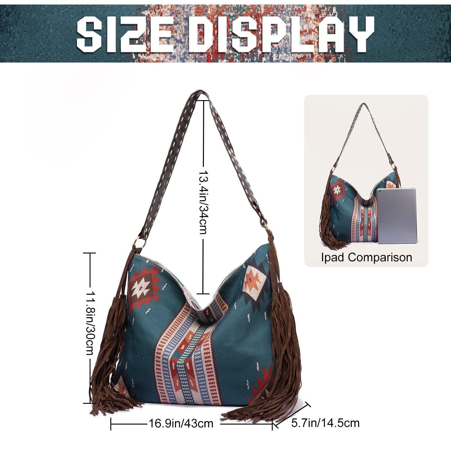 Emprier Bolsos de lona vintage para mujer, con borlas, de gran capacidad, bolso de hombro étnico de viaje, Azul