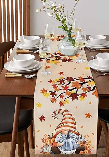 Miniatura 4 de Camino de mesa de gnomos de Acción de Gracias, calabazas azules, 48 pulgadas de largo, hojas de árbol de arce de otoño, camino de mesa auxiliar,