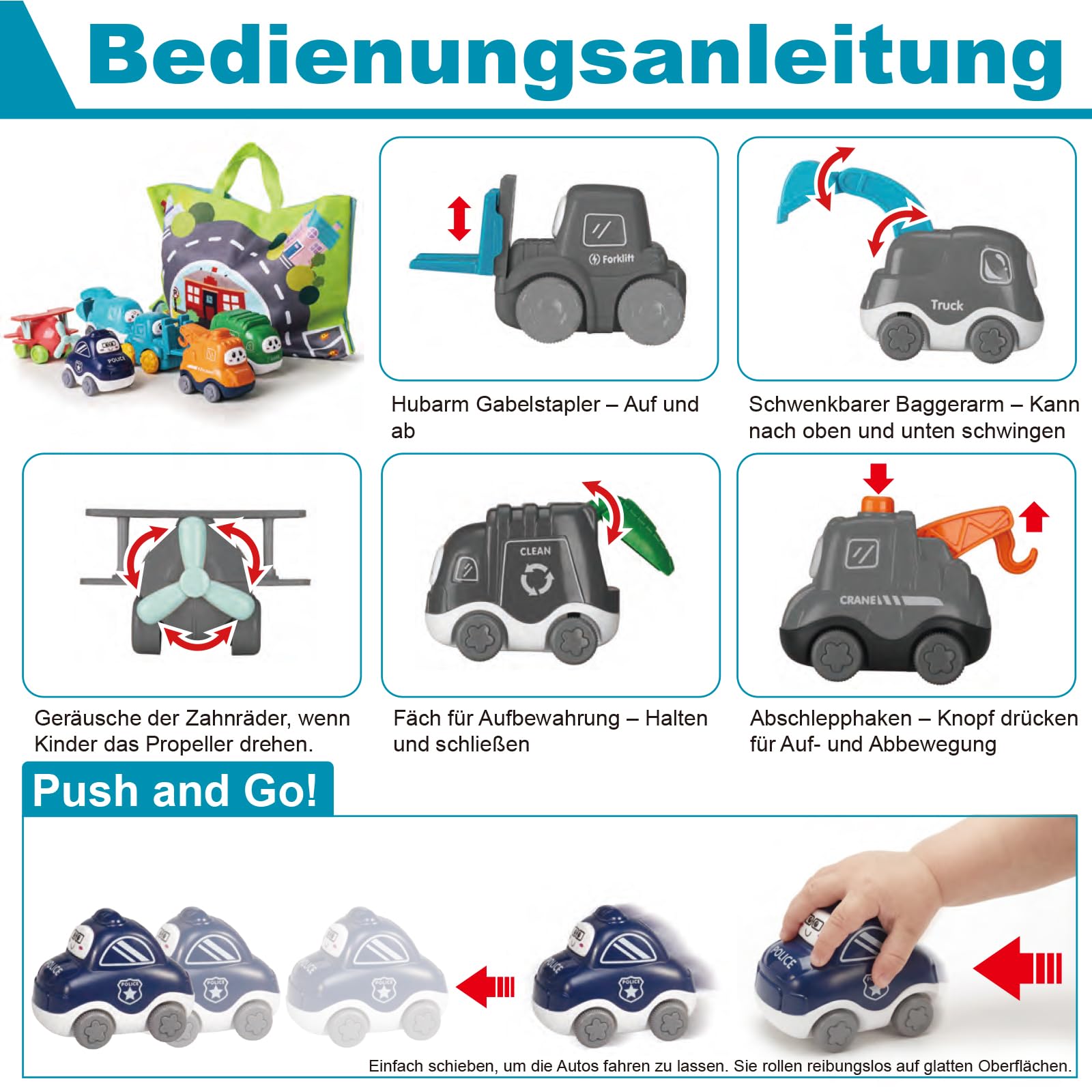 lerrbo 6 PCS Cartoon Lastwagen Auto Spielzeug mit Kräne/Spielmatte/Aufbewahrungstasche|Spielzeug ab 1 Jahr|Babyspielzeug für 1+ Jahre Alten Jungen|Geschenk 1 Jahr Junge