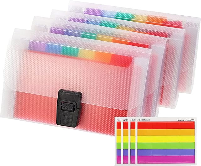 4 Pack Expanding File Folder A6 Size 13 Pockets Portable Rainbow Document Organiser Multicoloured Plastic Expandable Organizer Wallet Case with Colored Labels Index