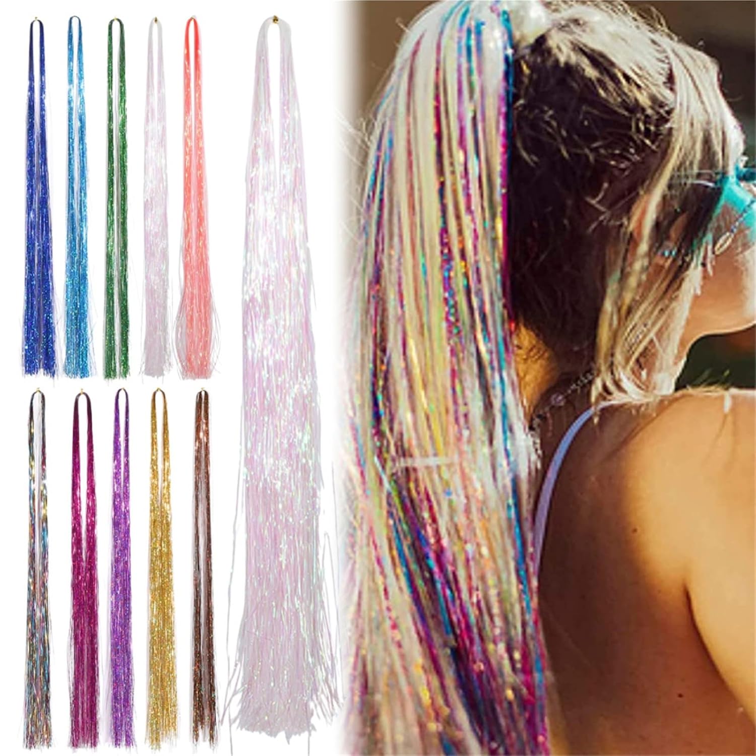 Hair Tinsel Kit For Girls Sparkle Shiny Hair Extensions Fairy Tinsel for Women Accessories for Party(ColorA07)