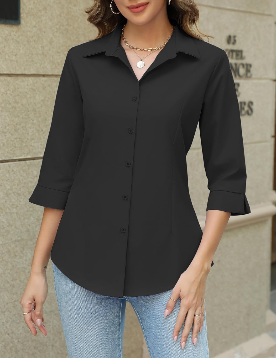 HOTOUCH Women Button Up Shirts 3/4 Sleeve Basic Business Dress Shirt Slim Fitted Classic V Neck Button Up Work Blouse Tops XXXL Black - Image 4