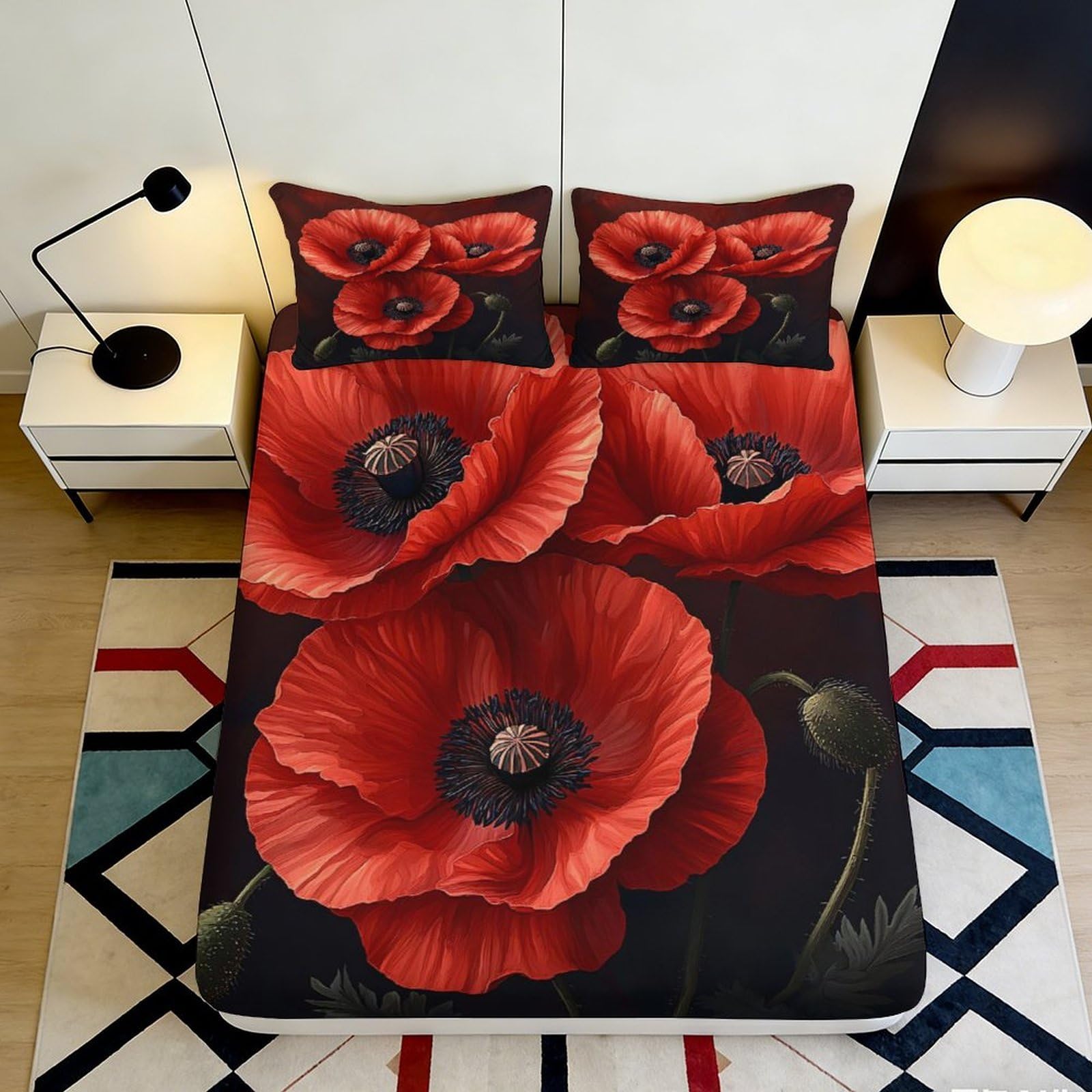 3D Printed Red Poppy Fitted Sheet Microfiber Soft Breathable Flower Mattress Cover for Bedroom Dormitory Guest Room Mattress Protection Decor 180x200x25cm