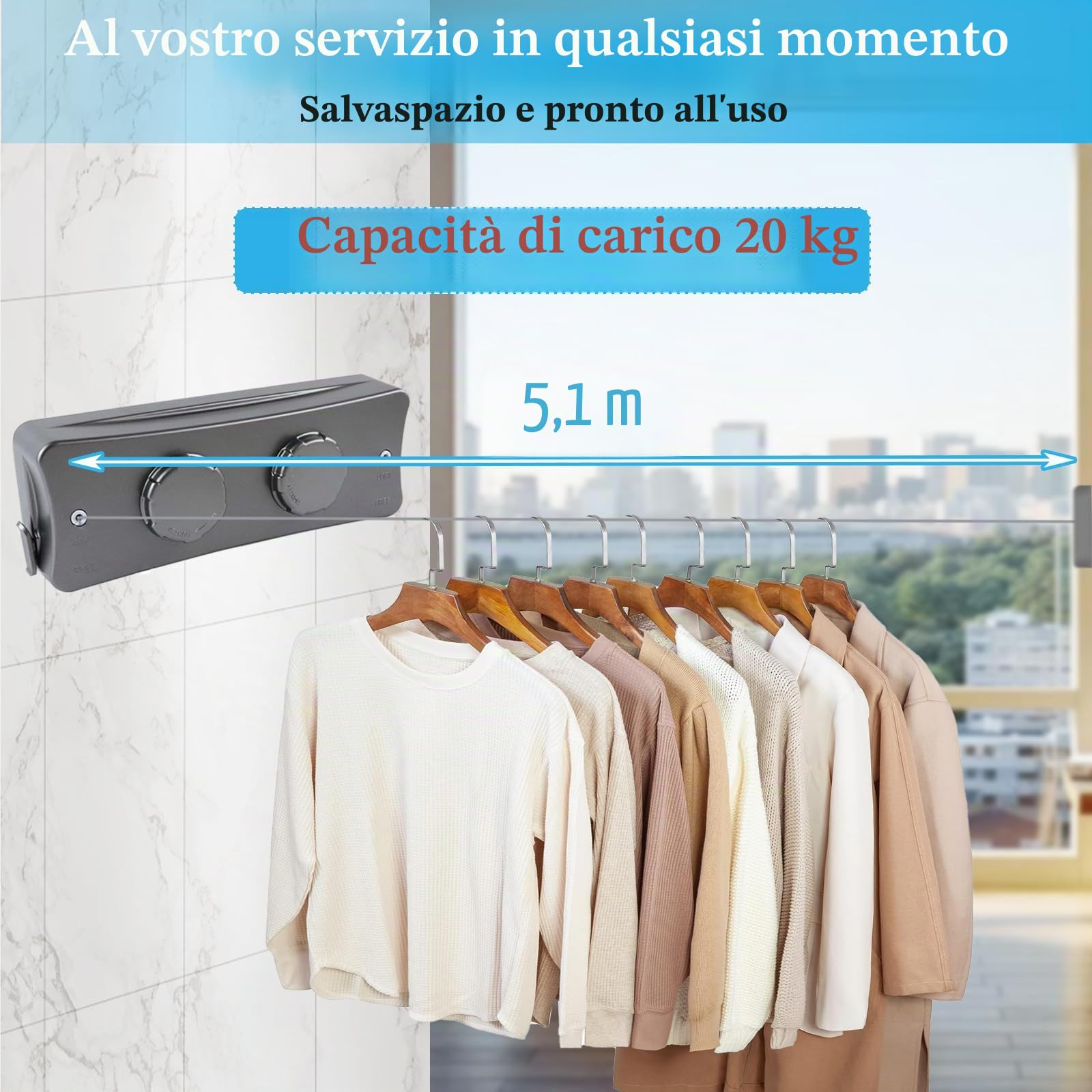Filo Stendibiancheria Retrattile 5,1m, Doppia Corda per Biancheria Retrattile in Acciaio Inox, Filo per Stendere Retrattile Anti-cedimento Stendibiancheria da Parete Corda Stendino da Parete per 20kg
