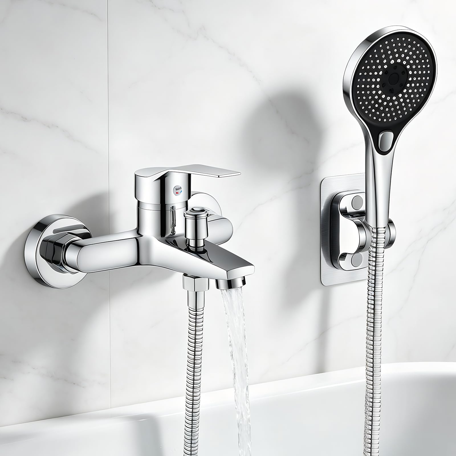 Grifo de bañera con ducha de mano, Grifo Ducha Monomando Mezclador Ducha Montado en La Pared, grifo de ducha de latón Juego de Grifo para Bañera Incluye Soporte de Pared y Manguera de Ducha de 150cm