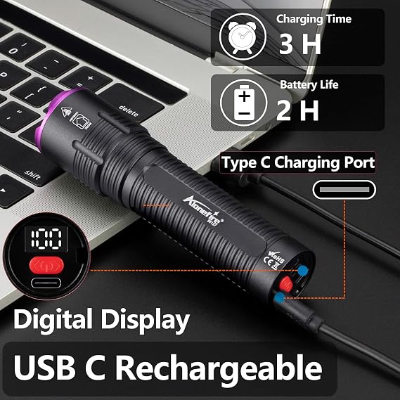 ALONEFIRE SV137 Professional 365nm UV Flashlight USB-C Rechargeable Digital Display Zoom Black Light Pet Urine Detector with Built-in Battery