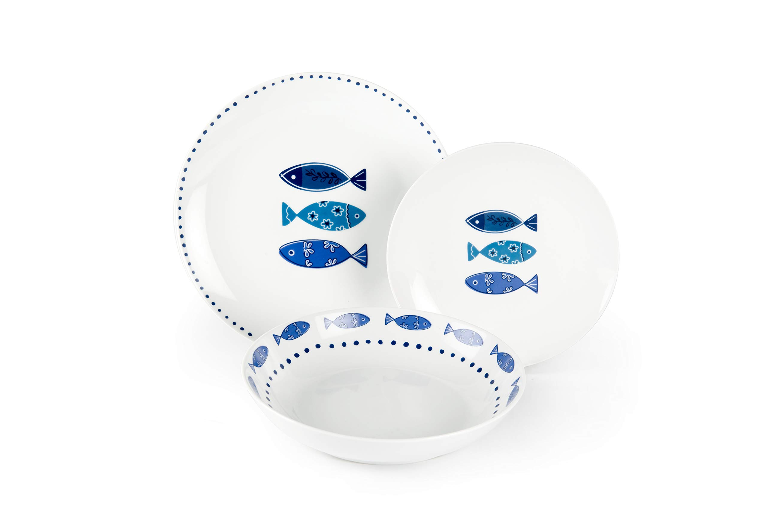 Excelsa Ocean Servizio Piatti 18 Pezzi, Porcellana, Bianco/Azzurro & Ocean Set Bicchieri Acqua, 6