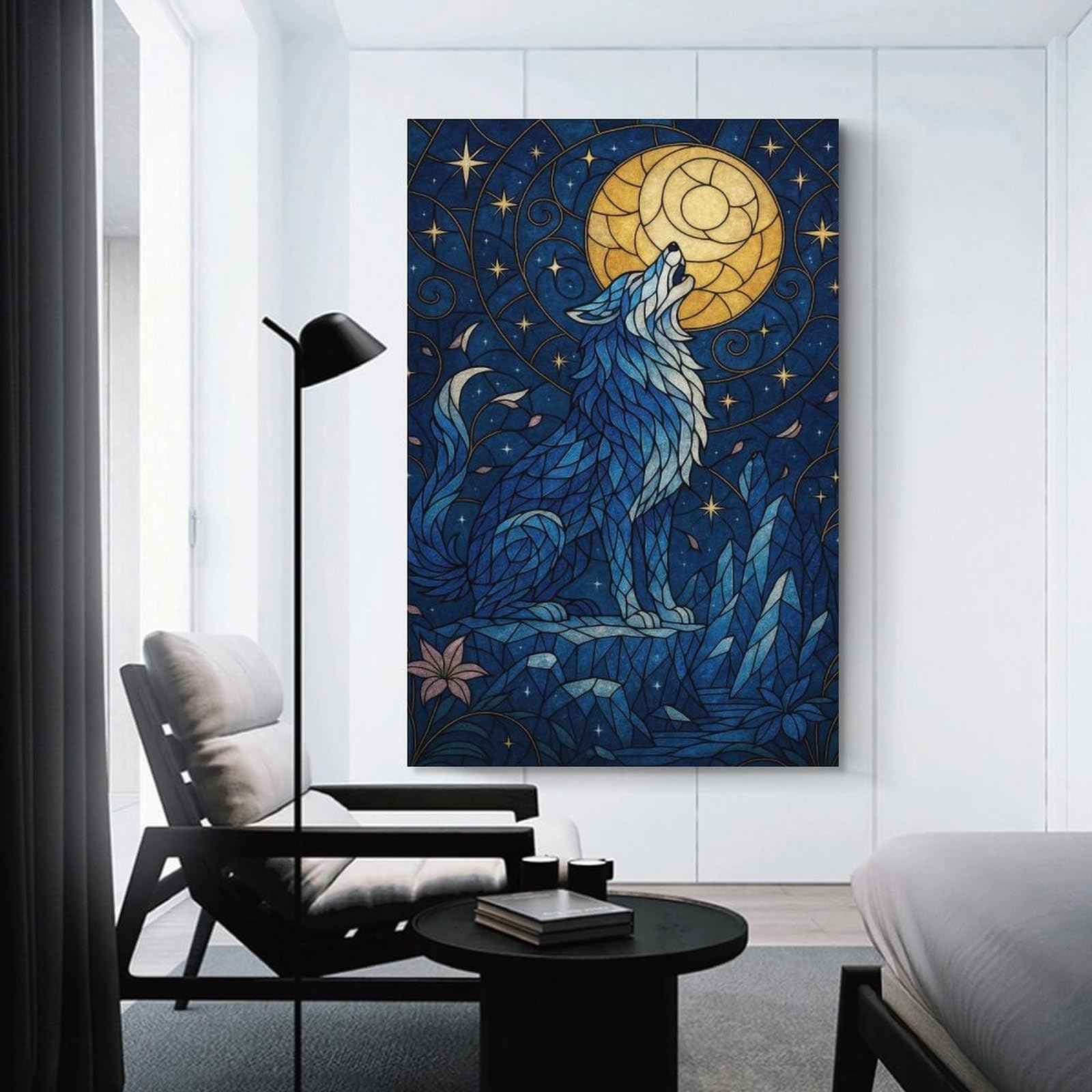 Junmoney Unframe-Style-16 Blue Wolf Howling At The Moon Wall Art Print, 08X12inch(20X30cm), For Living Room, Bedroom, Office Or Hallway, A Flexible Wall Accent For Shared Spaces